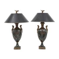A Pair of French Empire Gilt Bronze and Marble Urns Mounted as Lamps