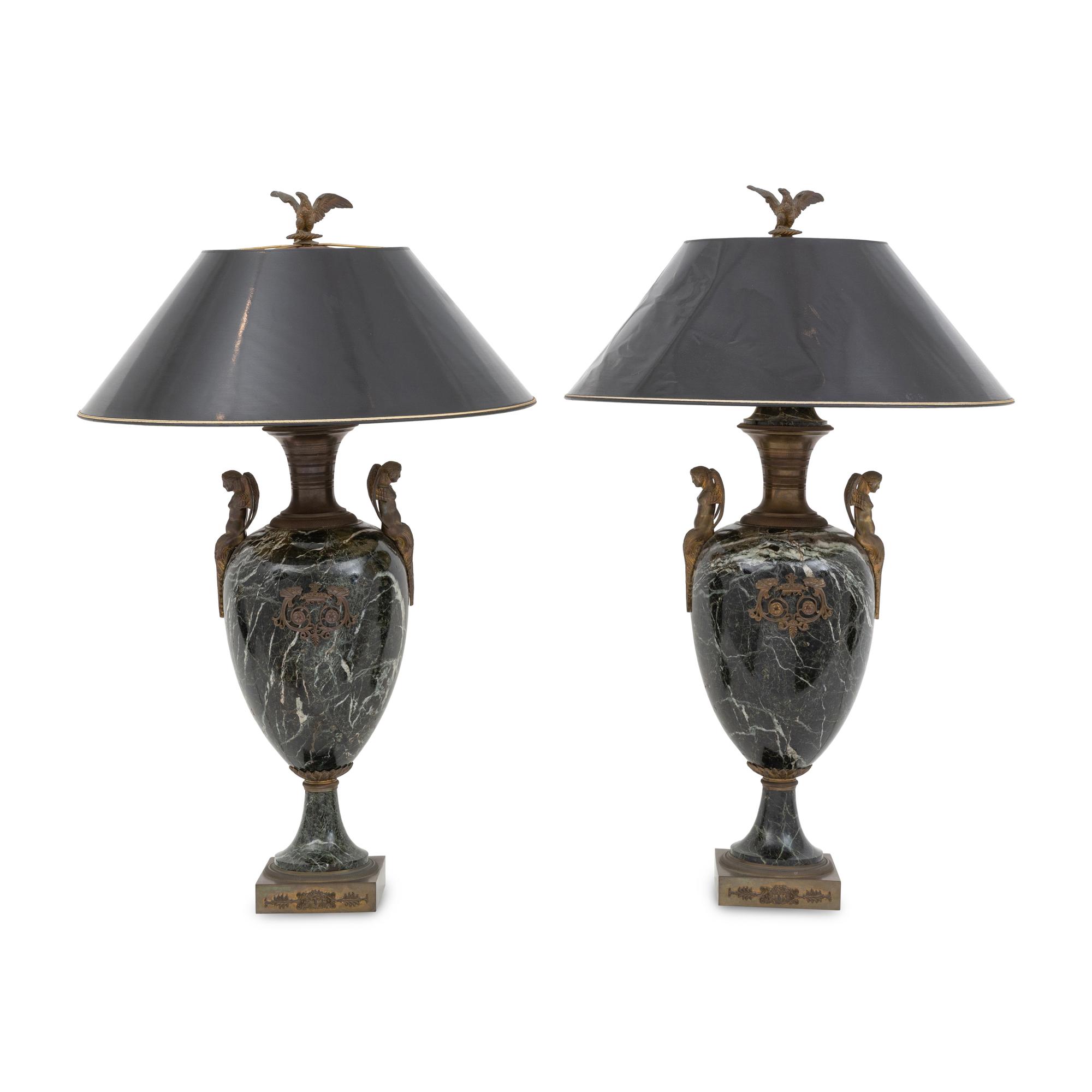 A Pair of French Empire Gilt Bronze and Marble Urns Mounted as Lamps