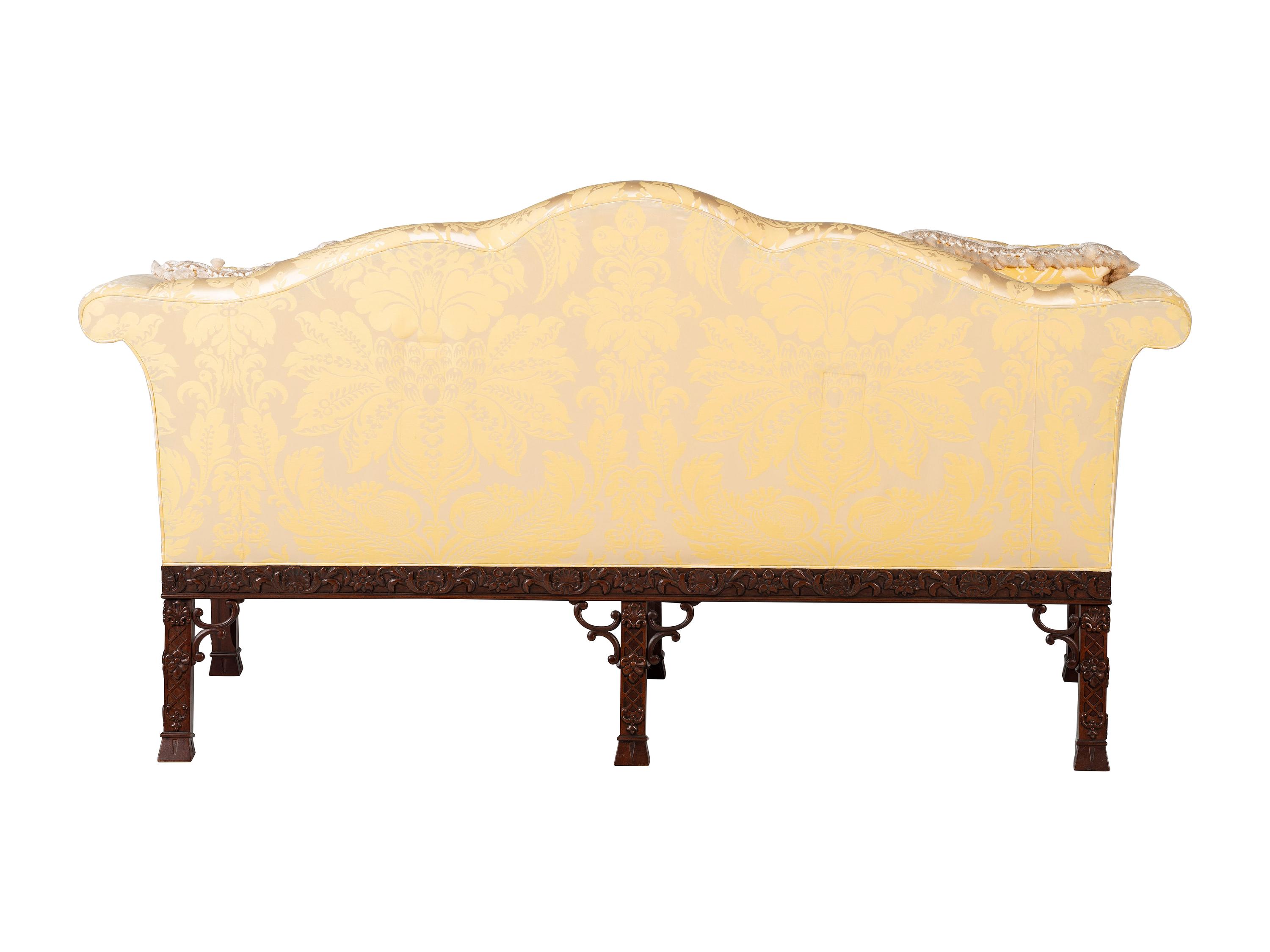 A Baker Chinese Chippendale Style Yellow Damask Upholstered Mahogany Settee