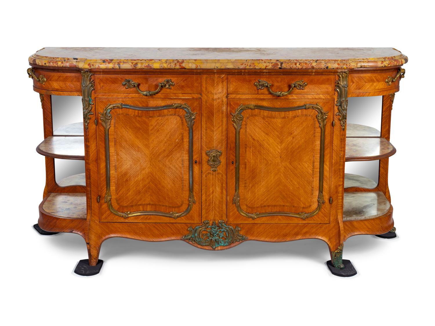 A Louis XV Style Gilt Metal Mounted Marble Top Parquetry Buffet — 19TH CENTURY