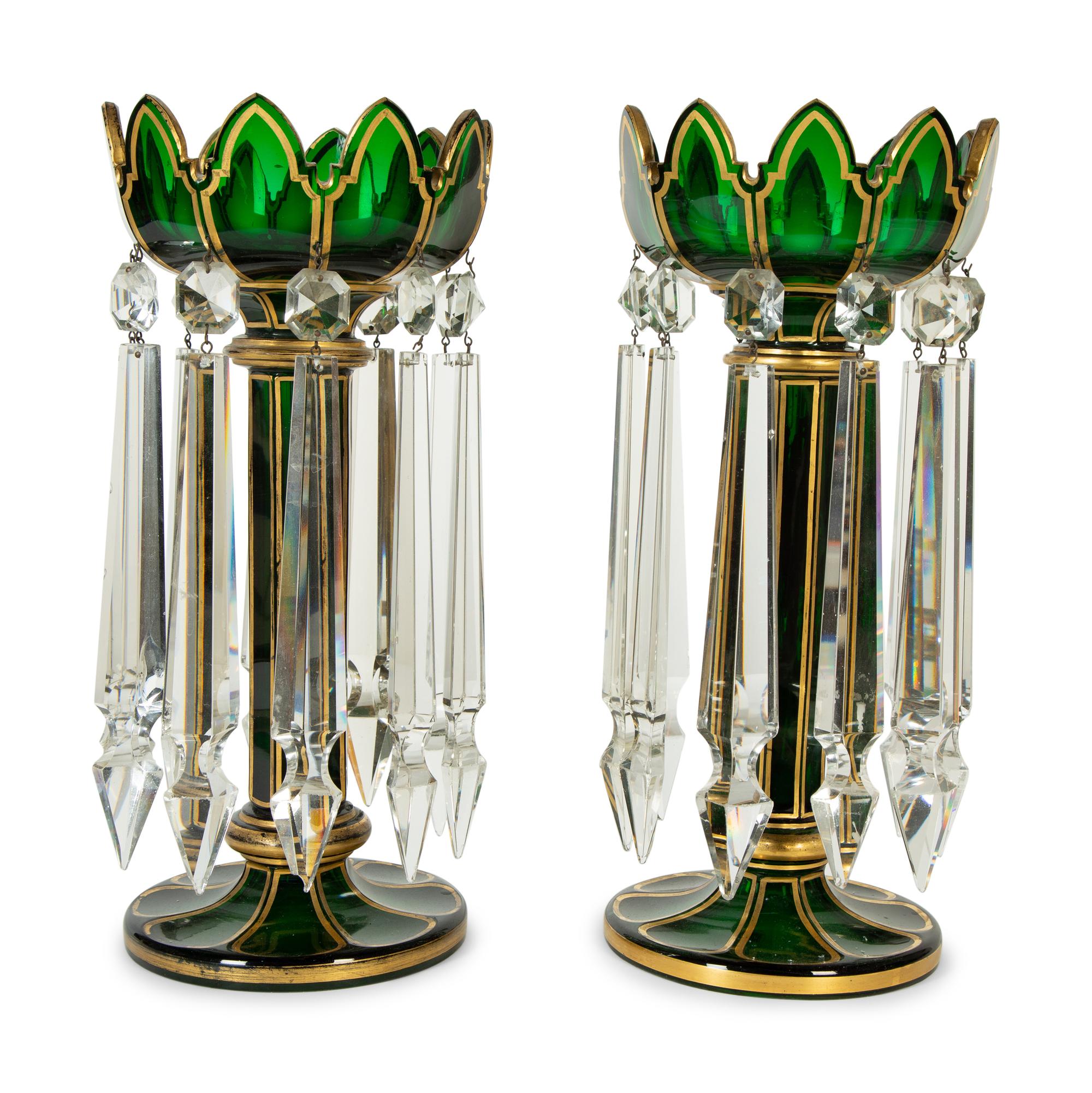 A Pair of Bohemian Parcel-Gilt and Green-Flashed Glass Lustres