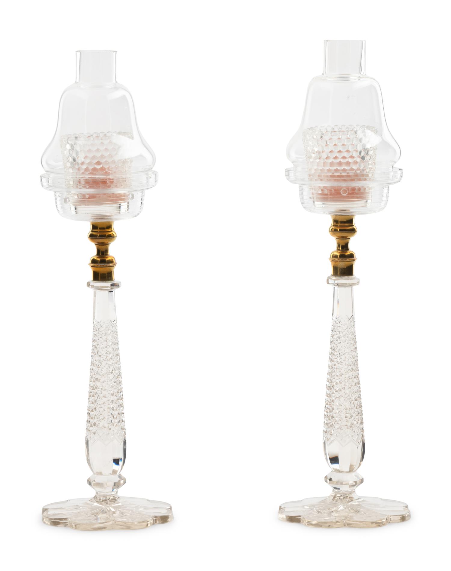 A Pair of Edwardian Brass Mounted Cut-Glass Candlesticks