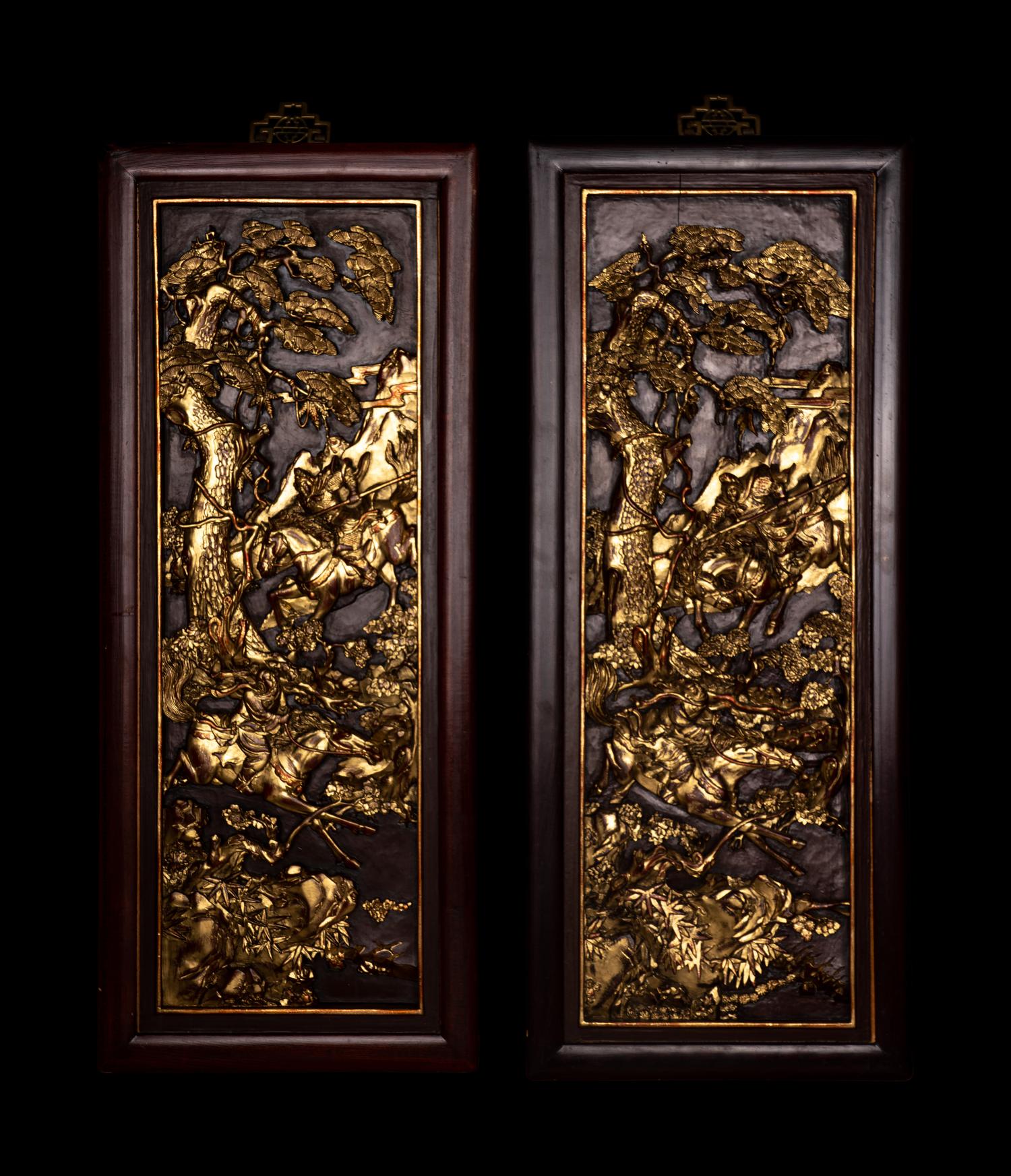 A Pair of Chinese Gilt and Red Lacquered Carved Wood Panels