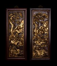 A Pair of Chinese Gilt and Red Lacquered Carved Wood Panels