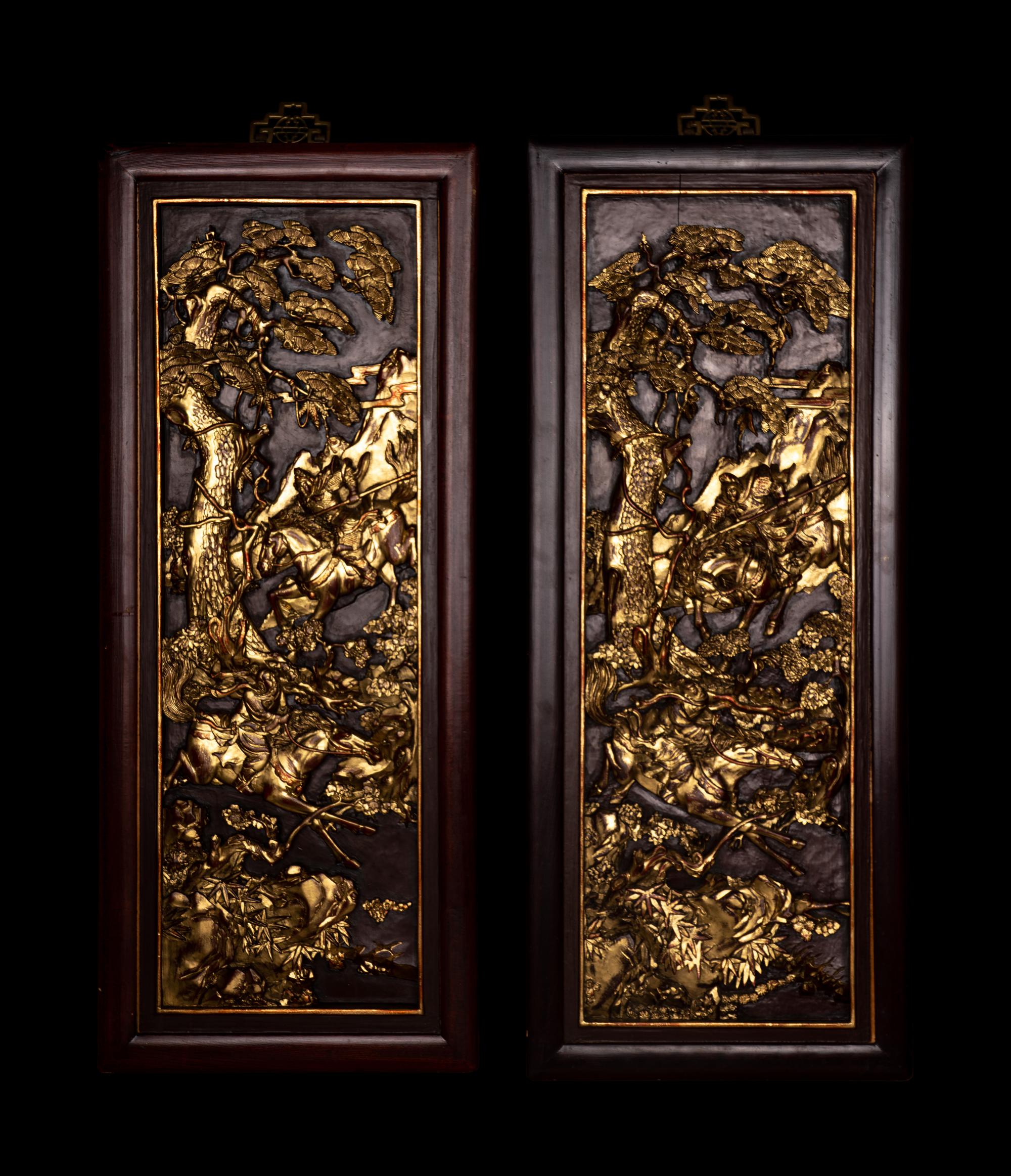 A Pair of Chinese Gilt and Red Lacquered Carved Wood Panels