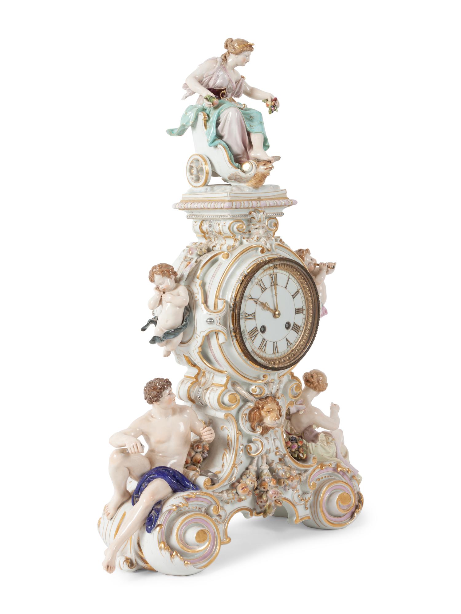 A Meissen Porcelain Figural Mantle Clock