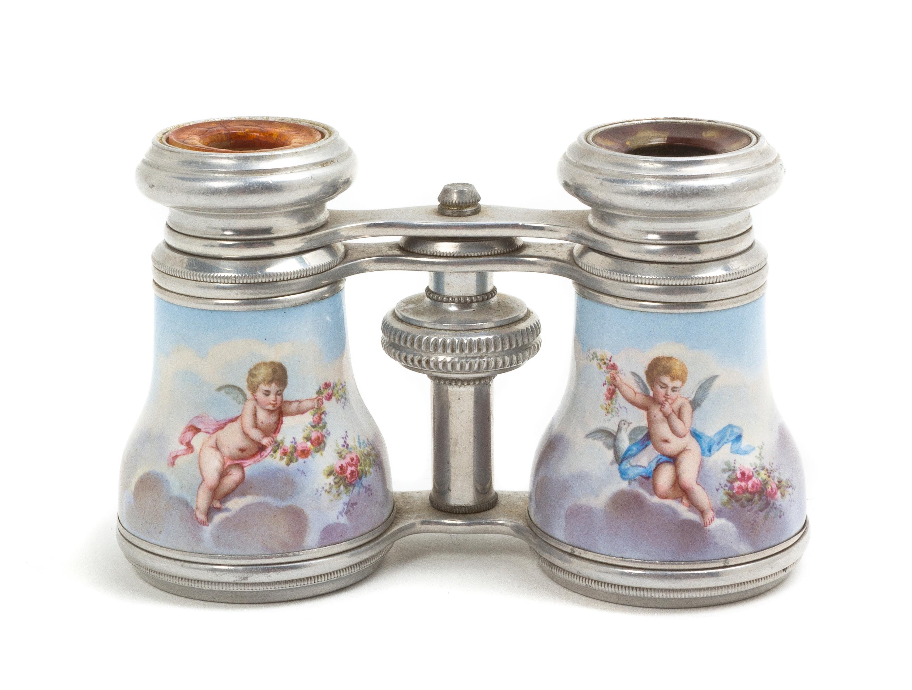 A Pair of French Enameled Opera Glasses, Width 4 1/8 inches.