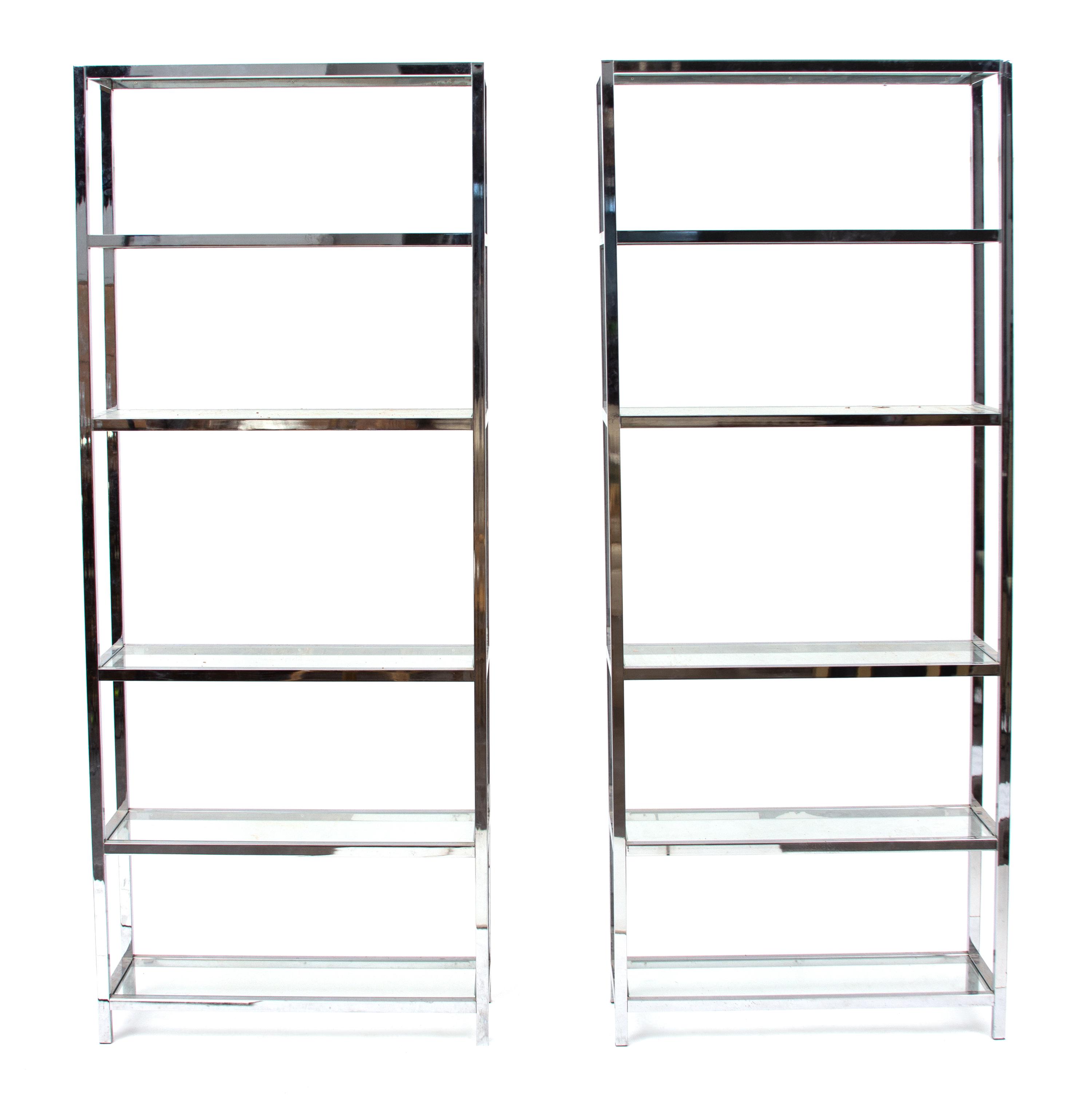 A Pair of Chromed Metal Book Cases Height 79 x width 32 x depth 12 inches. — 20TH CENTURY
