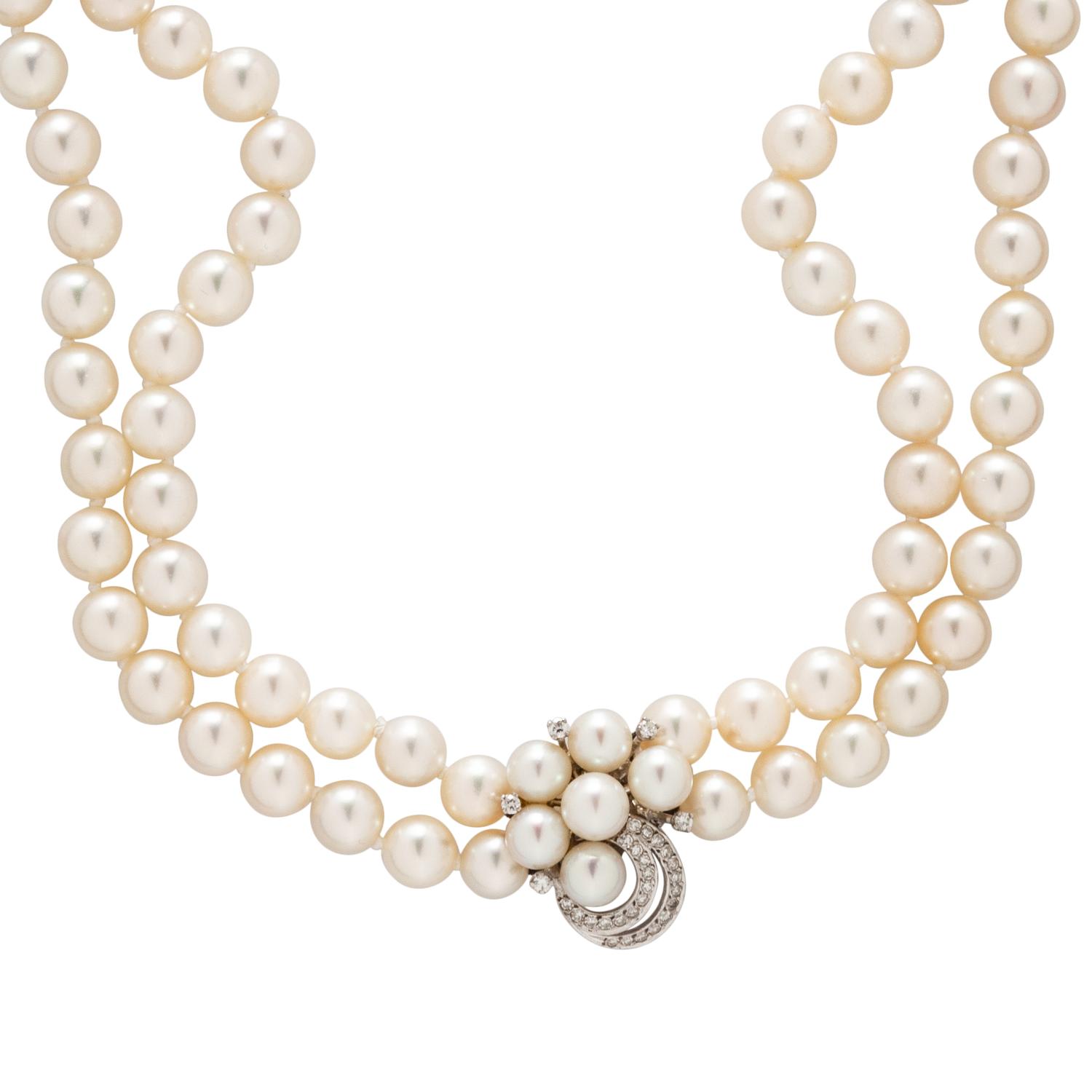 DOUBLE STRAND CULTURED PEARL AND DIAMOND CHOKER