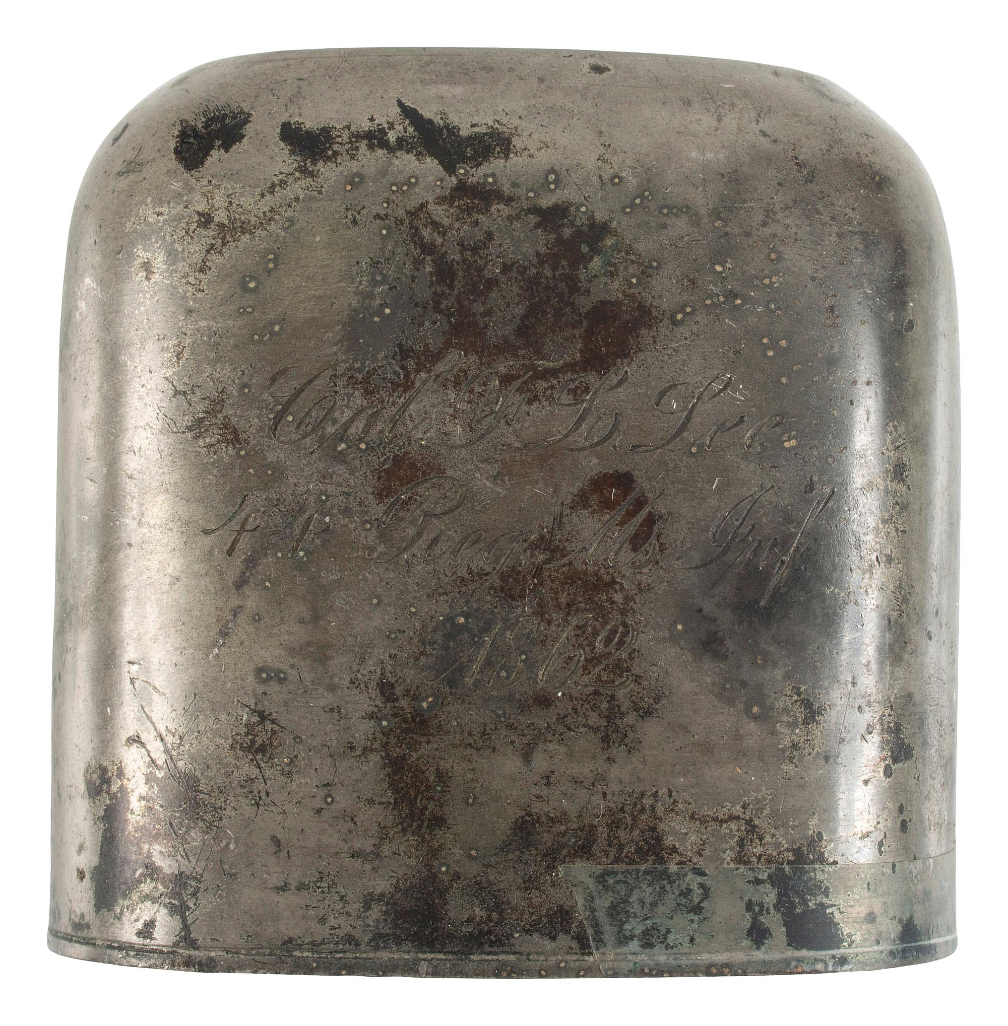 [CIVIL WAR]. Pewter, leather, and glass whiskey flask with engraved identification.