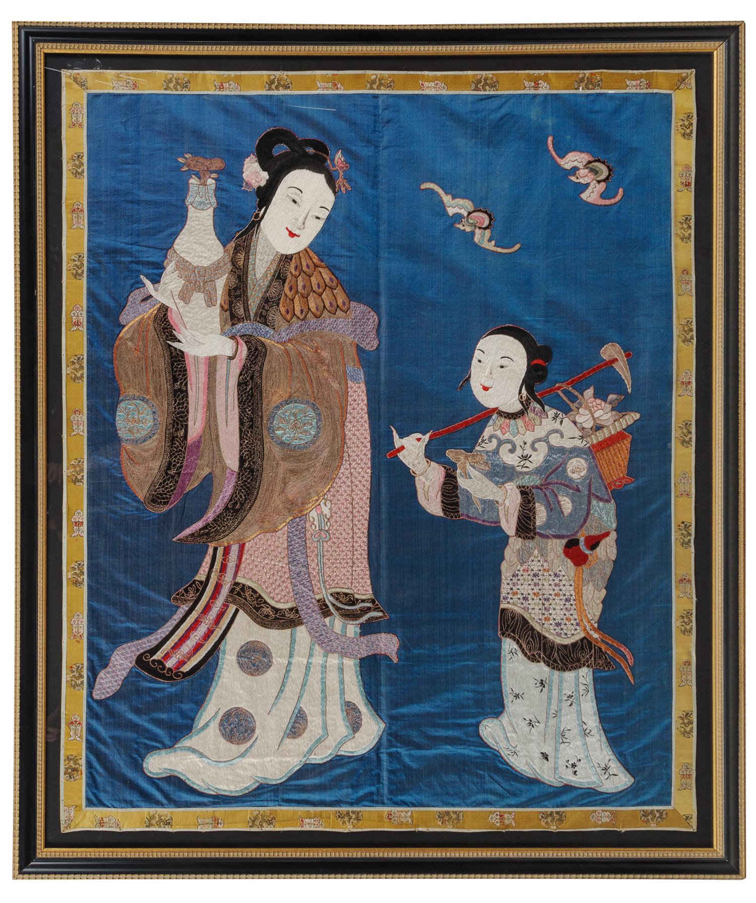 A Large Embroidered Blue Ground 'Figure' Silk Panel