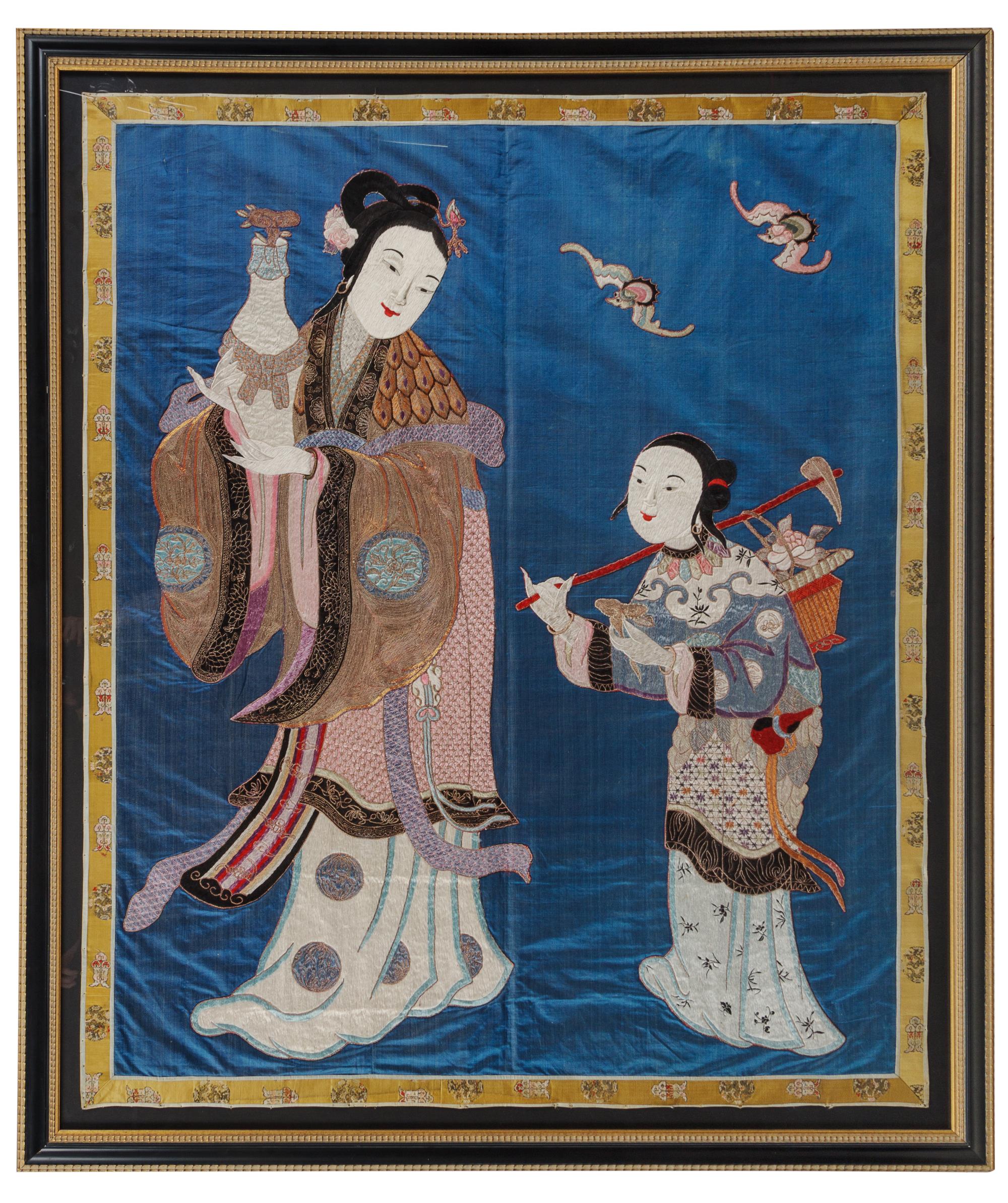 A Large Embroidered Blue Ground 'Figure' Silk Panel