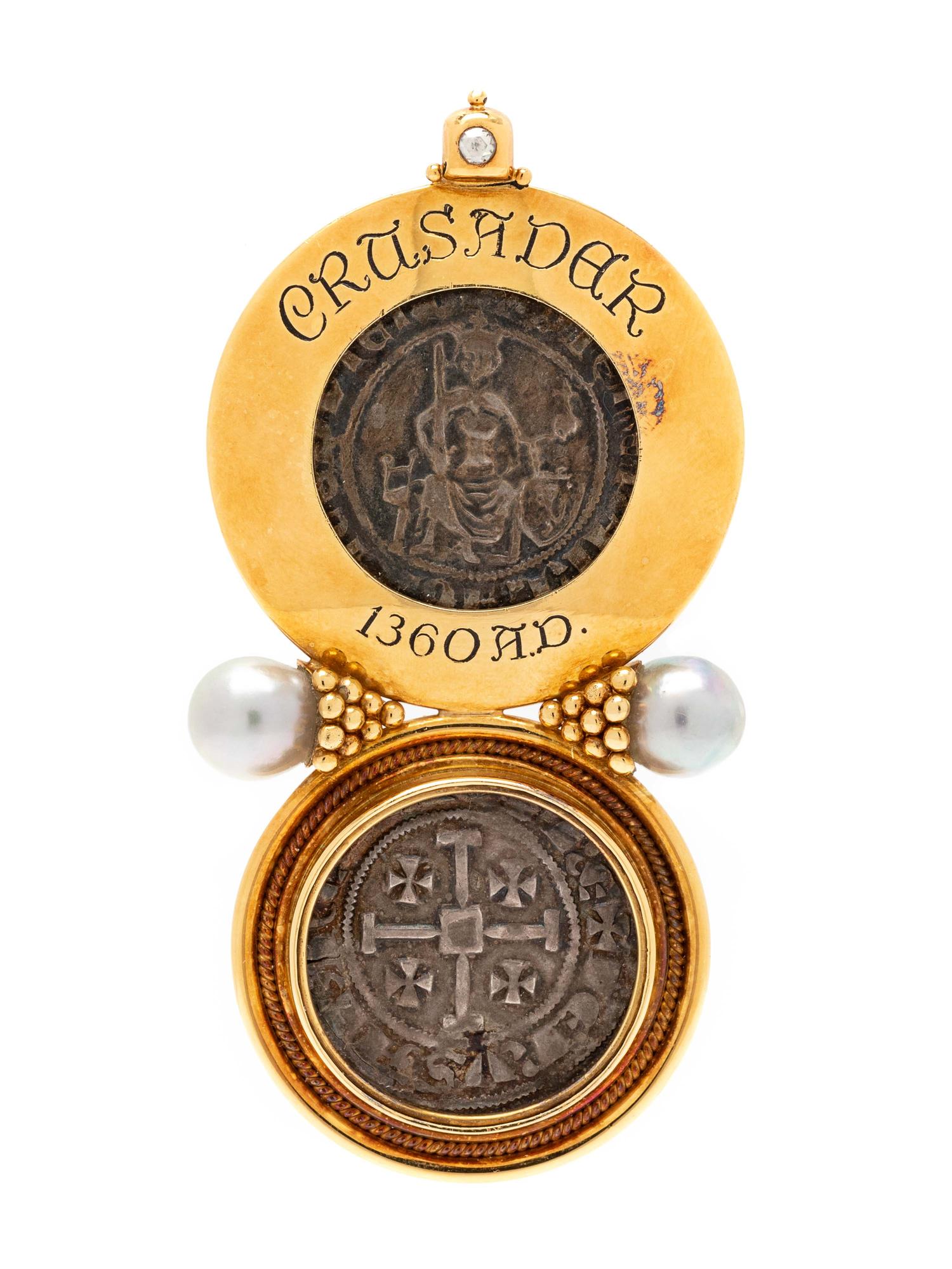 ELIZABETH GAGE, CRUSADER COIN, CULTURED PEARL AND DIAMOND BROOCH