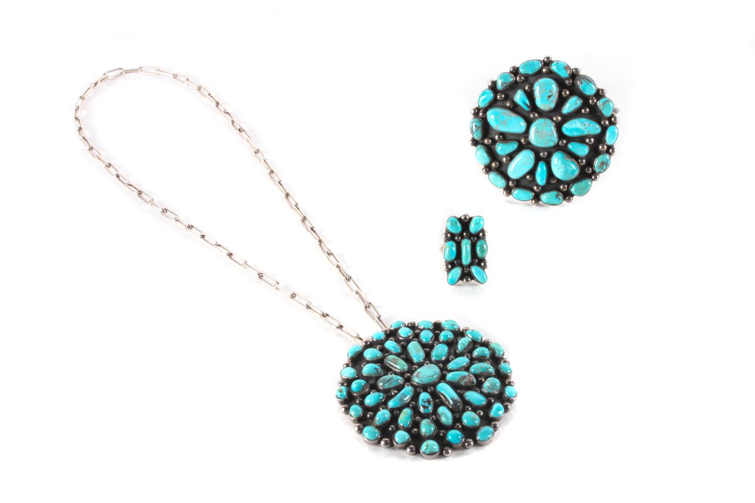 Southwestern Silver and Turquoise Bracelet, Pendant and Ring Length of bracelet 5 1/2 x opening 1 1/2 x width 2 3/4 inches