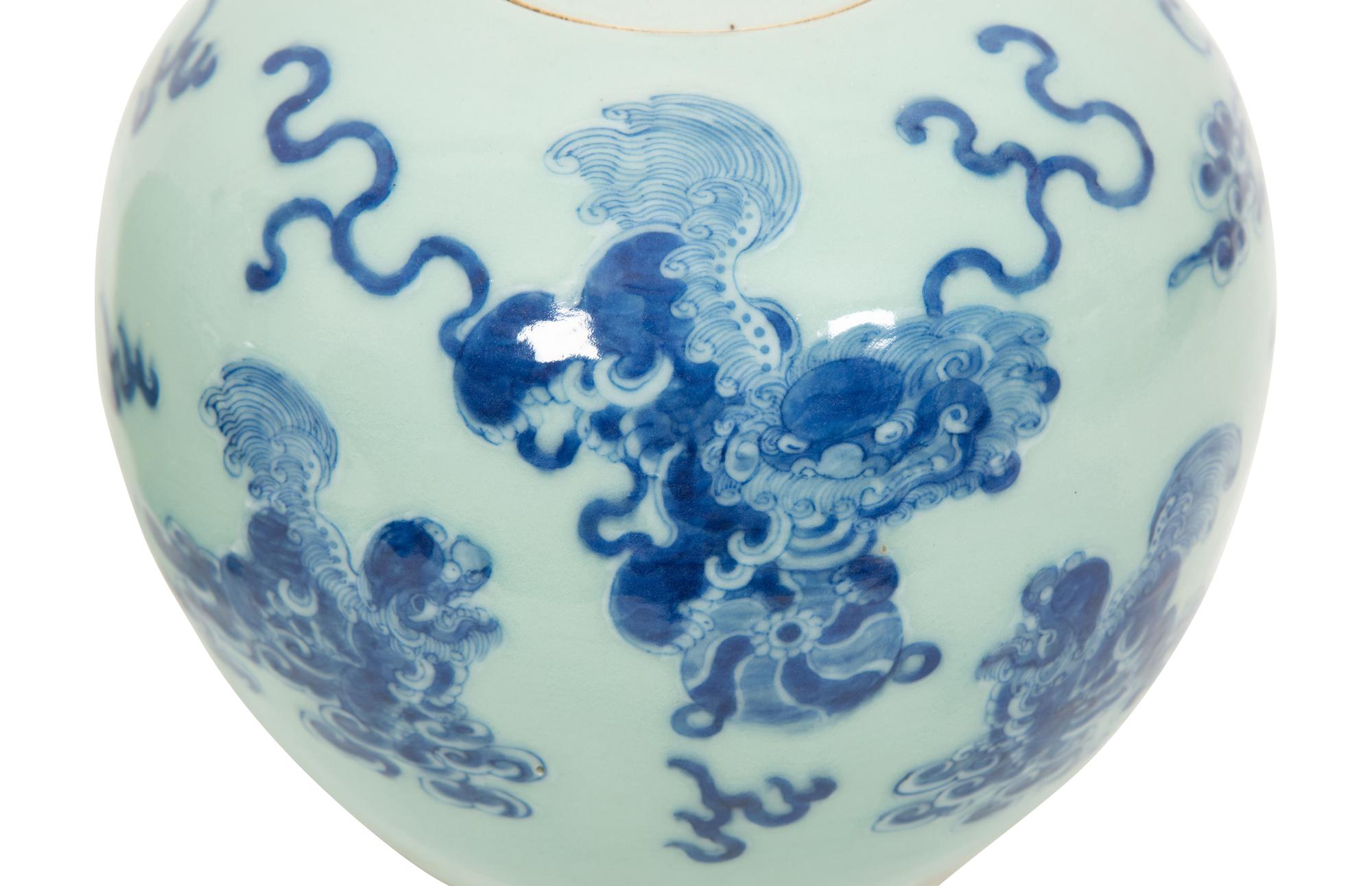 Two Pairs of Chinese Blue on Celadon Porcelain Covered Jars