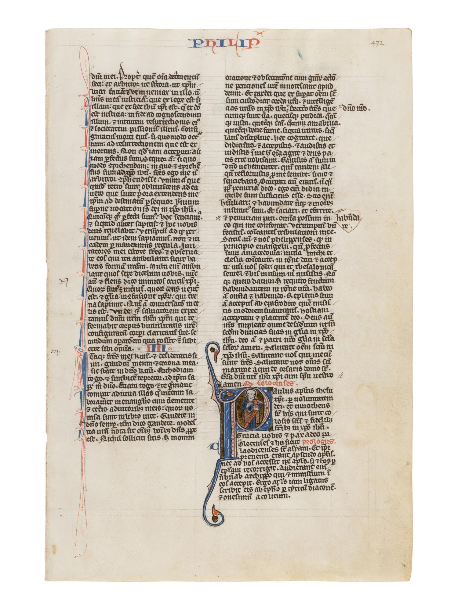 JOHANNES GRUSCH ATELIER (active Paris, c. 1235–1270) A leaf from the “Josephinum” Bible, with a historiated initial ‘P’ of Saint Paul holding a sword, in Latin, illuminated manuscript on parchment [France, Paris, c. 1250]