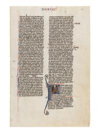 JOHANNES GRUSCH ATELIER (active Paris, c. 1235–1270) A leaf from the “Josephinum” Bible, with a historiated initial ‘P’ of Saint Paul holding a sword, in Latin, illuminated manuscript on parchment [France, Paris, c. 1250]