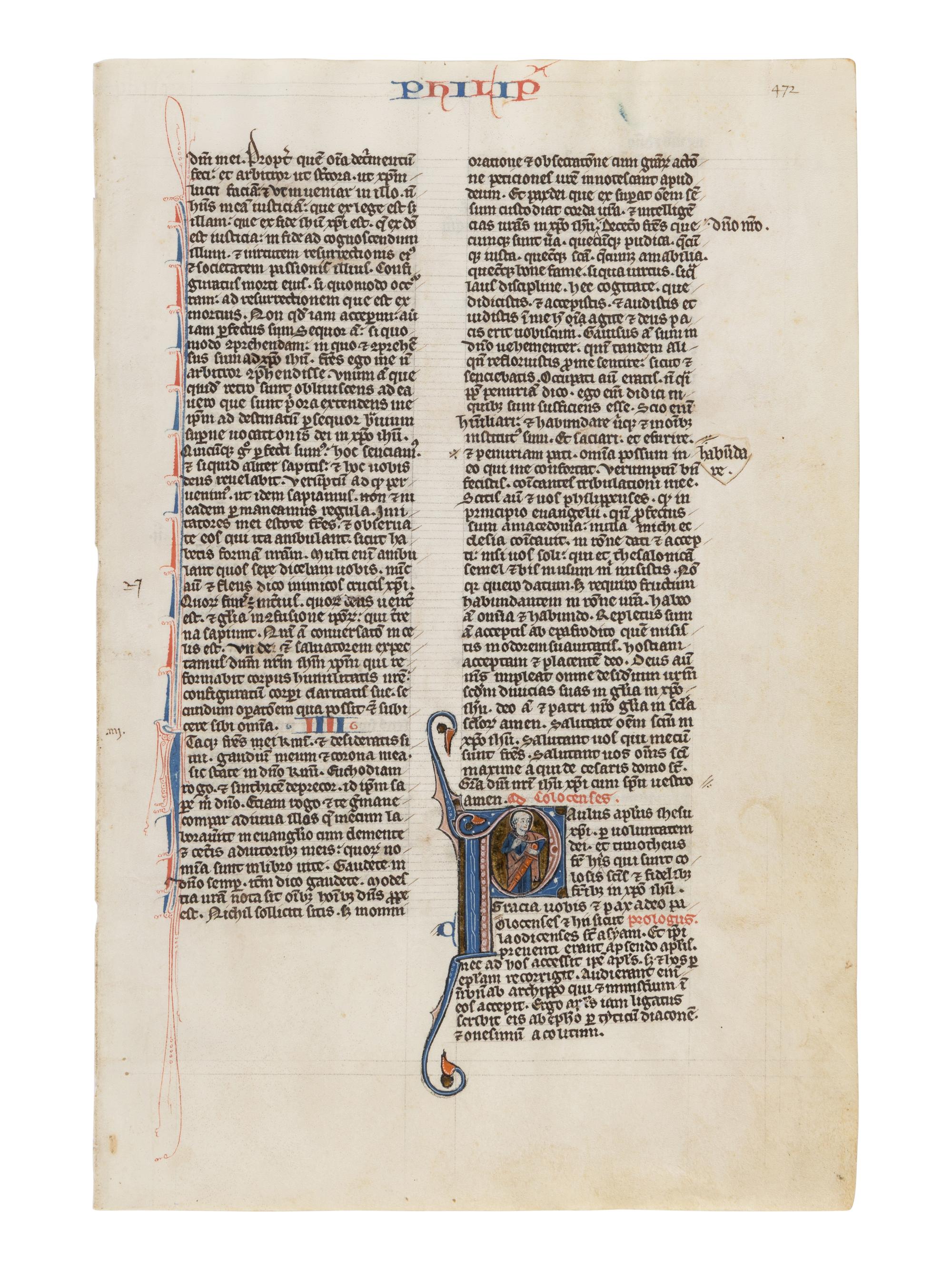 JOHANNES GRUSCH ATELIER (active Paris, c. 1235–1270) A leaf from the “Josephinum” Bible, with a historiated initial ‘P’ of Saint Paul holding a sword, in Latin, illuminated manuscript on parchment [France, Paris, c. 1250]