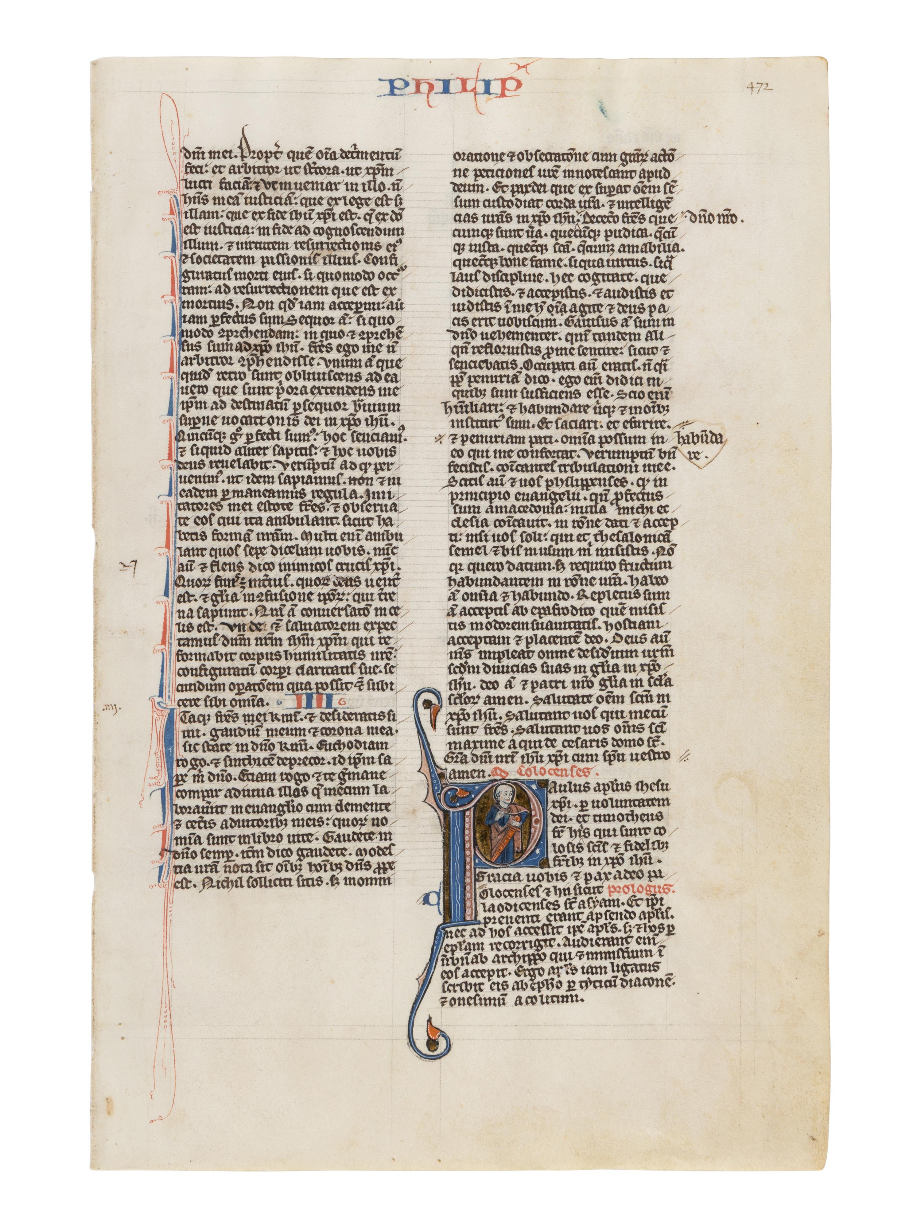 JOHANNES GRUSCH ATELIER (active Paris, c. 1235–1270) A leaf from the “Josephinum” Bible, with a historiated initial ‘P’ of Saint Paul holding a sword, in Latin, illuminated manuscript on parchment [France, Paris, c. 1250]