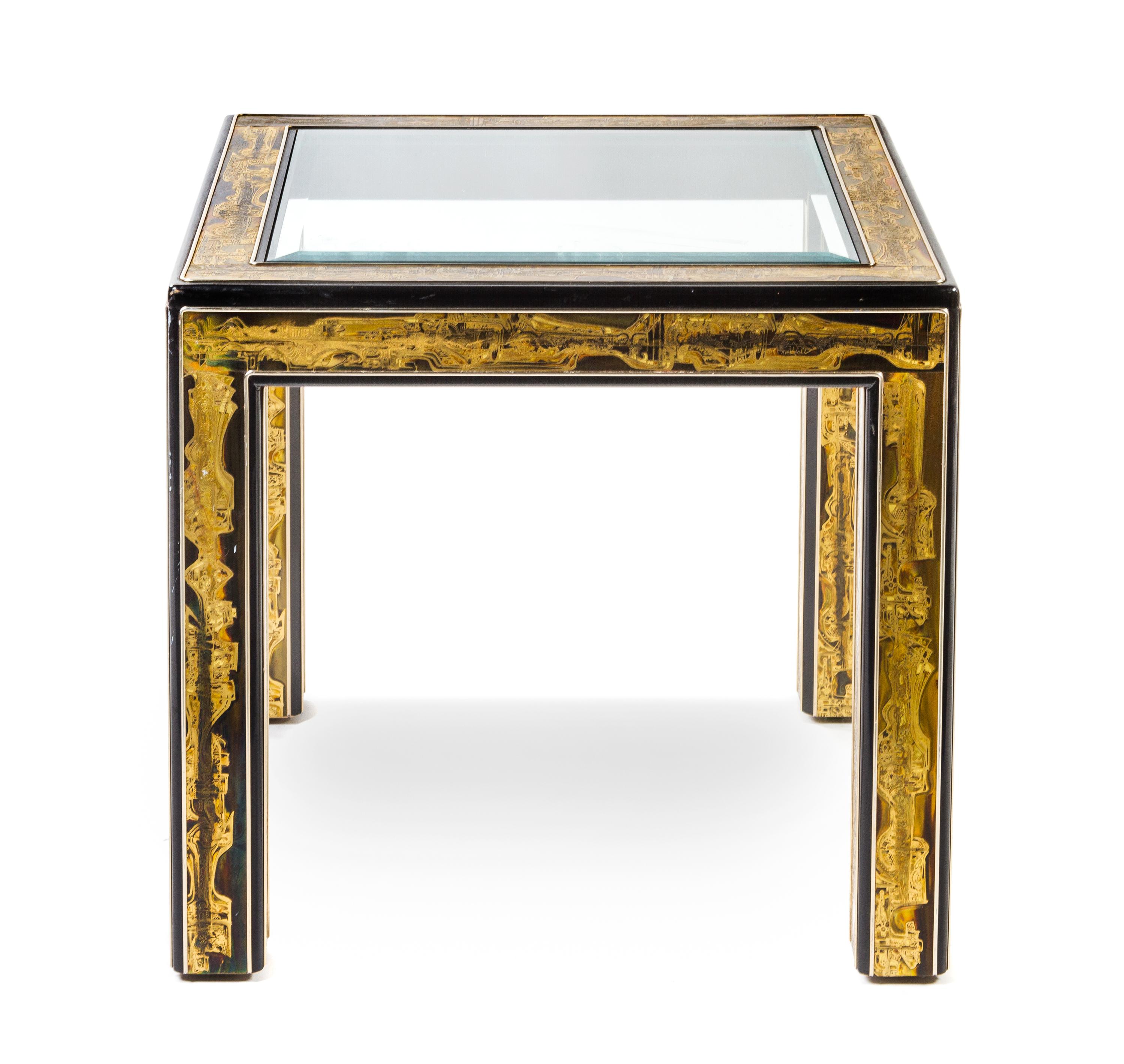 A Bernard Rohne Brass Veneered Center and End Table Height 26 1/2 x width 64 x depth 18 1/4 inches.