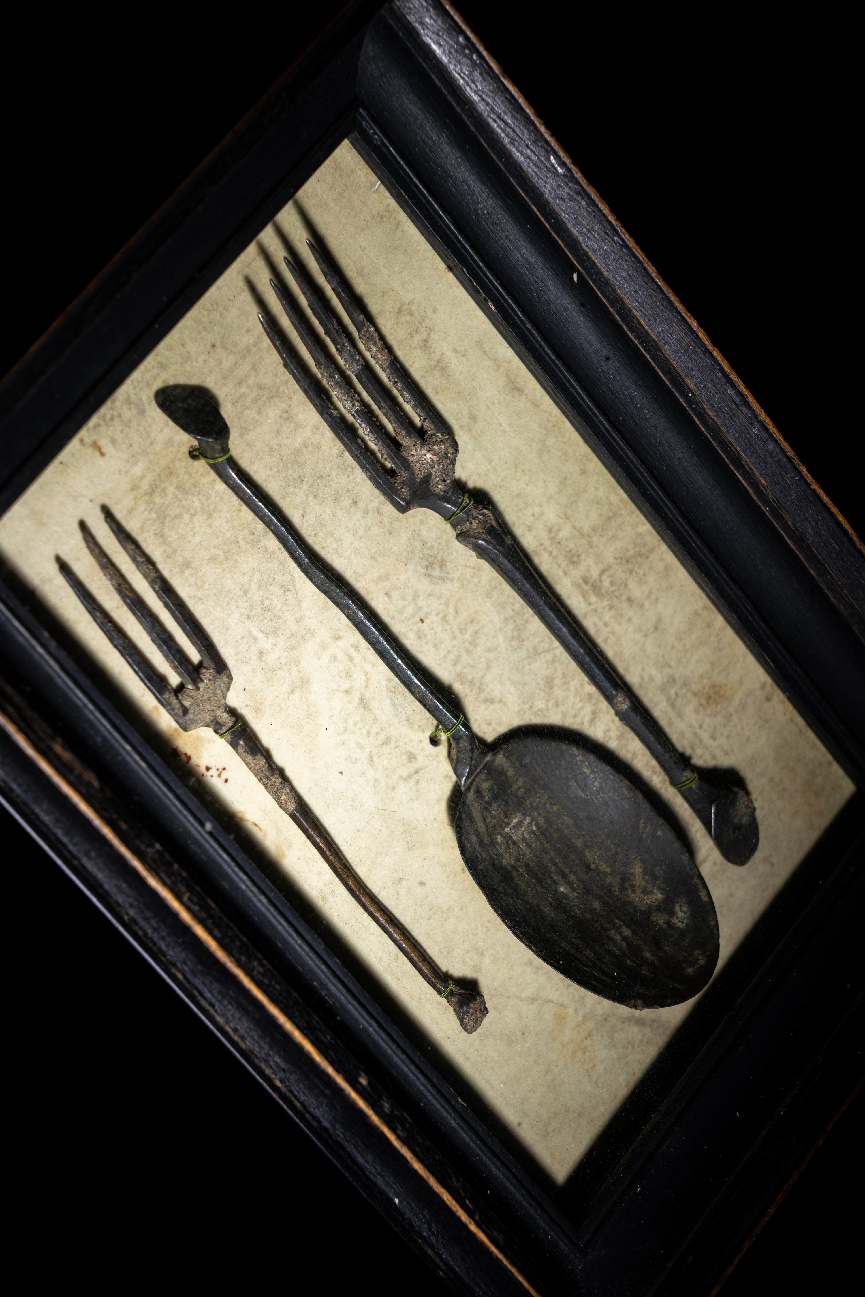 A Group of Roman Bronze Cutlery (Two Forks and One Spoon)