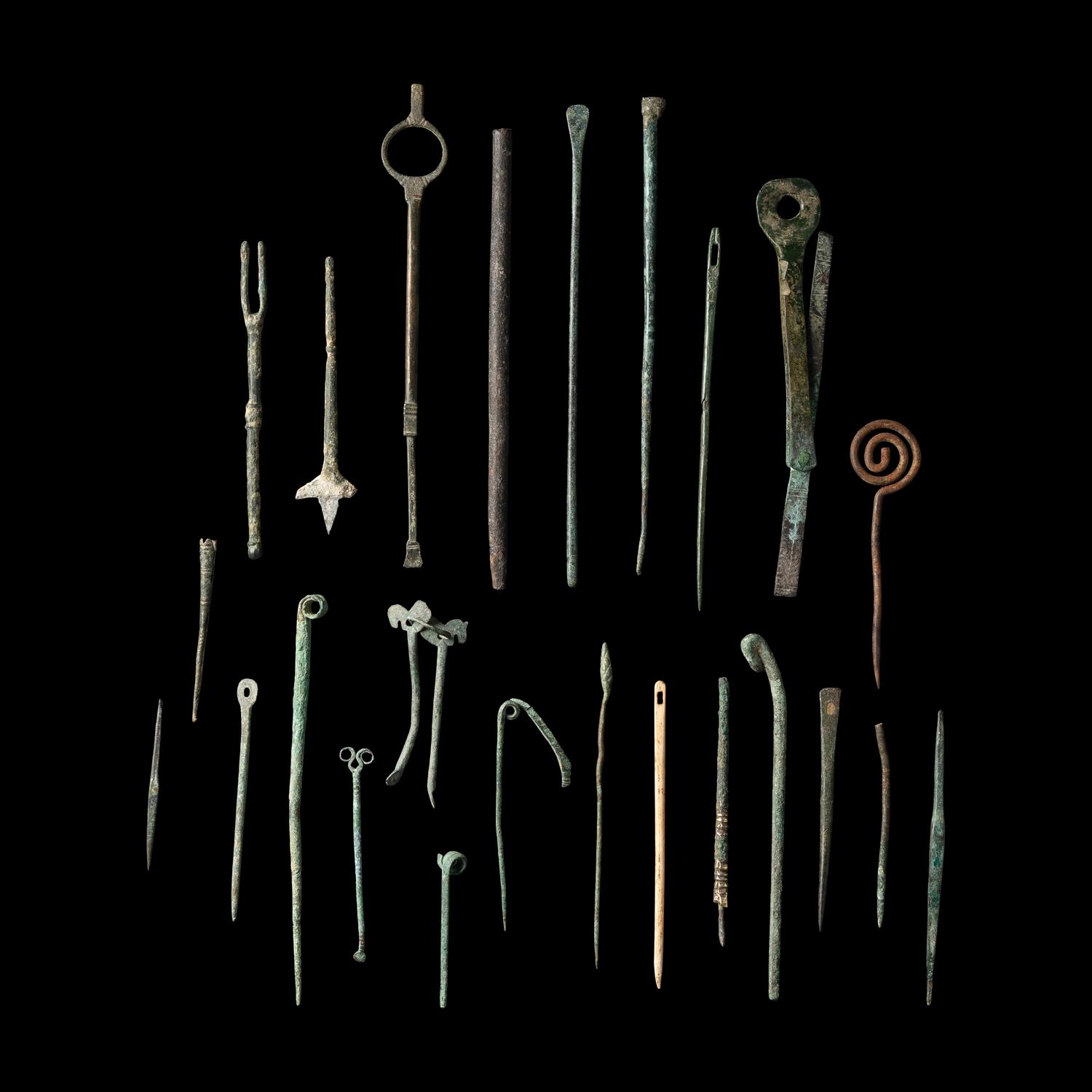 25 Roman Bronze and Bone Medical Instruments, Tools, and Pins