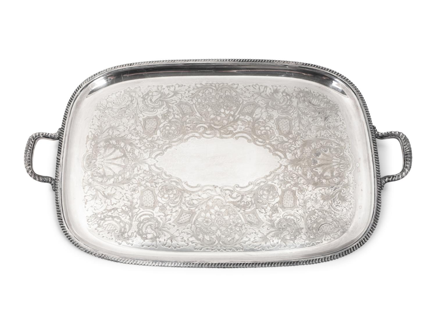 Two Silverplated Rounded Rectangular Two-Handled Trays