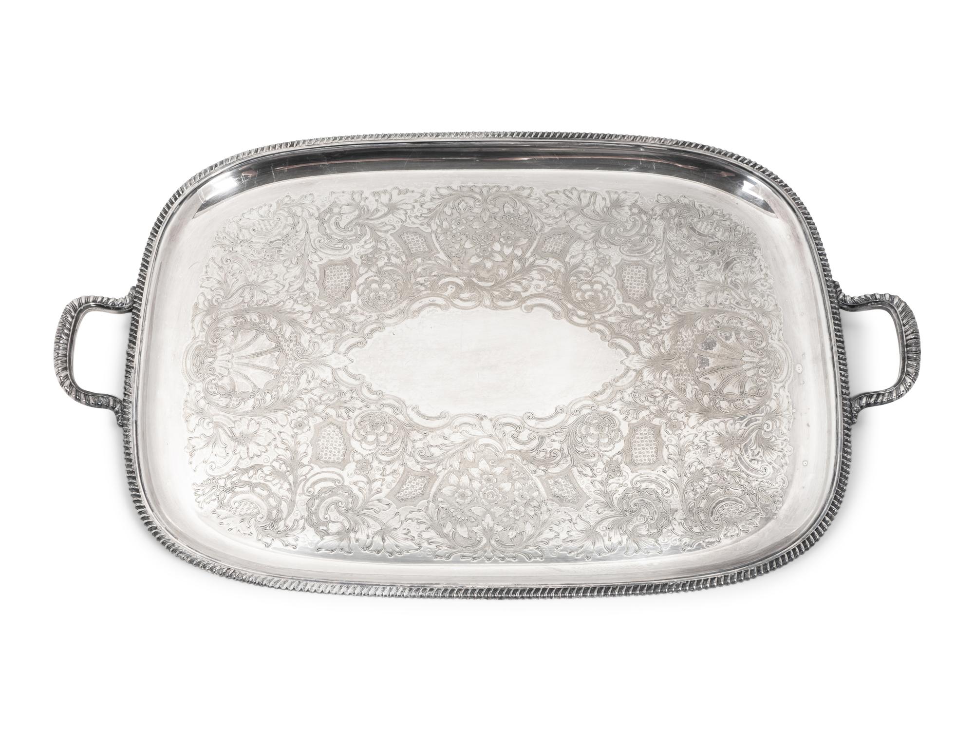 Two Silverplated Rounded Rectangular Two-Handled Trays