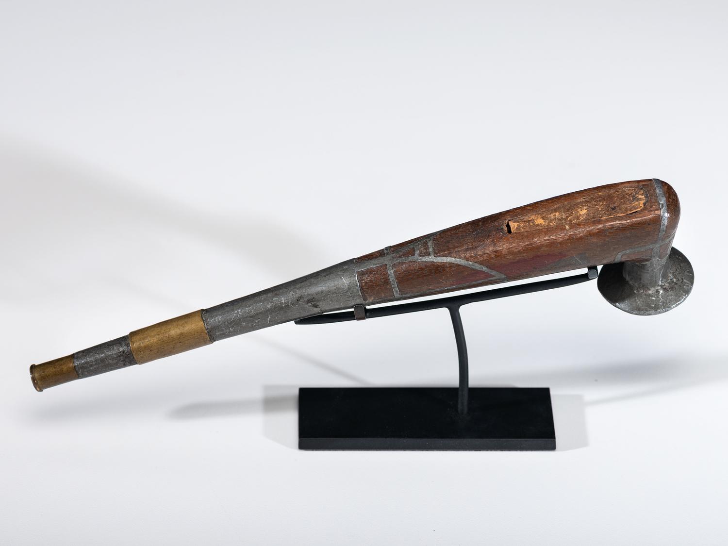 Siberian Yupik Wood Pipe, with Brass and Pewter Inlay