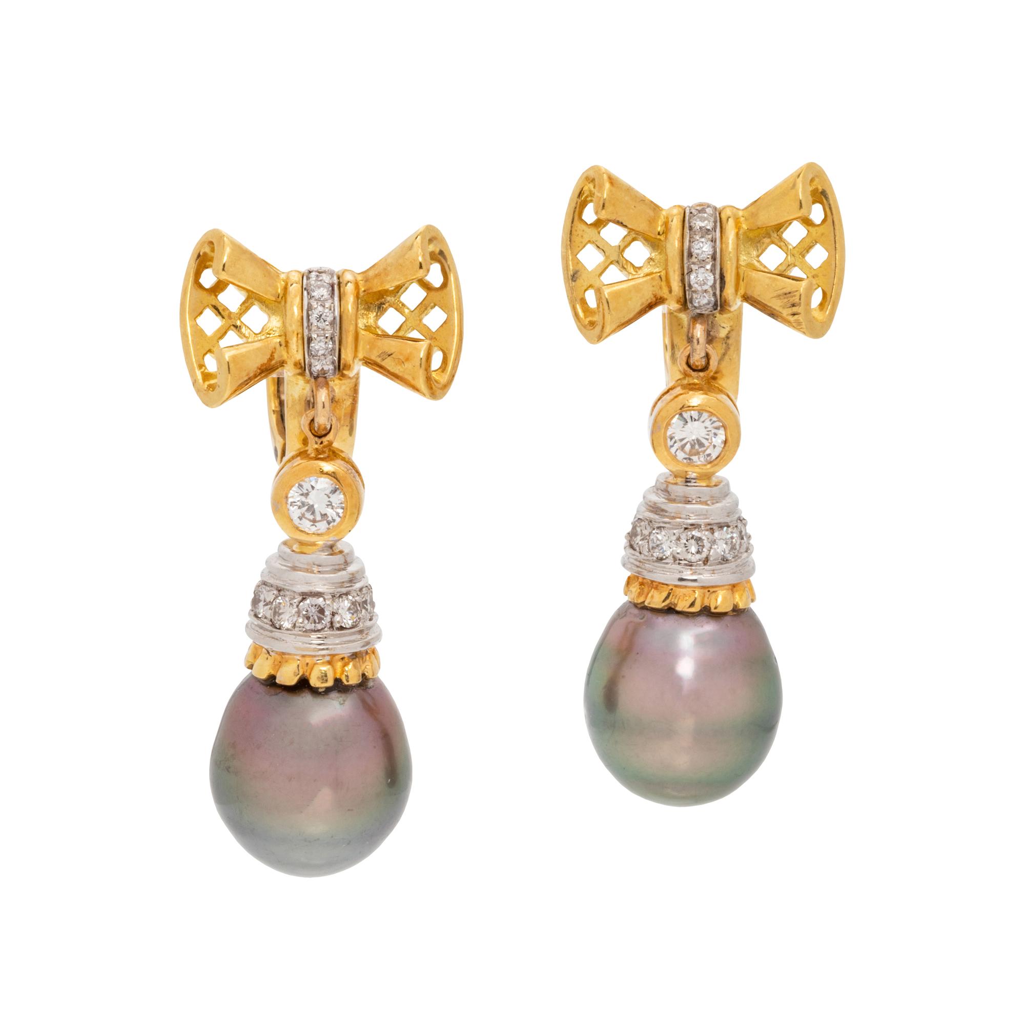 CULTURED TAHITIAN PEARL AND DIAMOND EARCLIPS