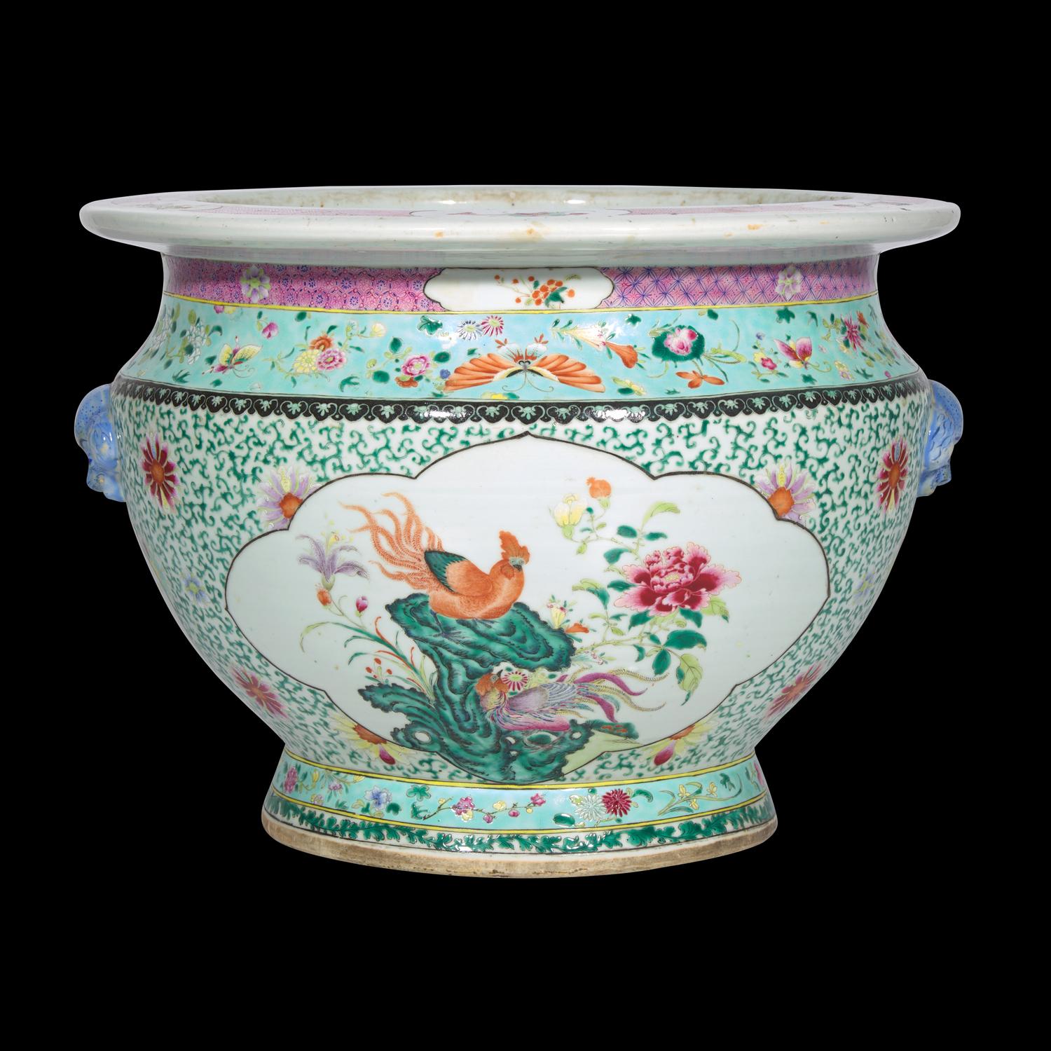 A Large Chinese Famille Rose 'Rooster and Peony' Porcelain Jardiniere 粉彩松石綠地開光牡丹雄鷄圖畫缸
