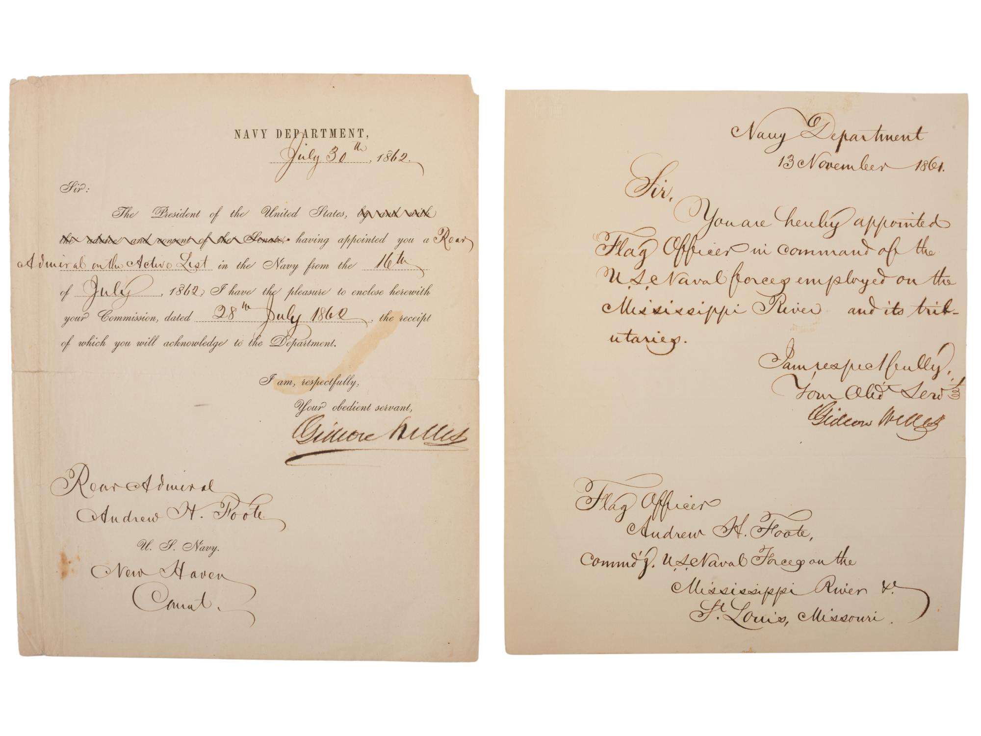 [CIVIL WAR - NAVY]. WELLES, Gideon (1802-1878). 4 letters and documents signed ("Gideon Welles"), as Secretary of the Navy, to Andrew H. Foote (1806-1863), regarding Foote's commands. [Washington, D.C.], Navy Department, 1861-1862.