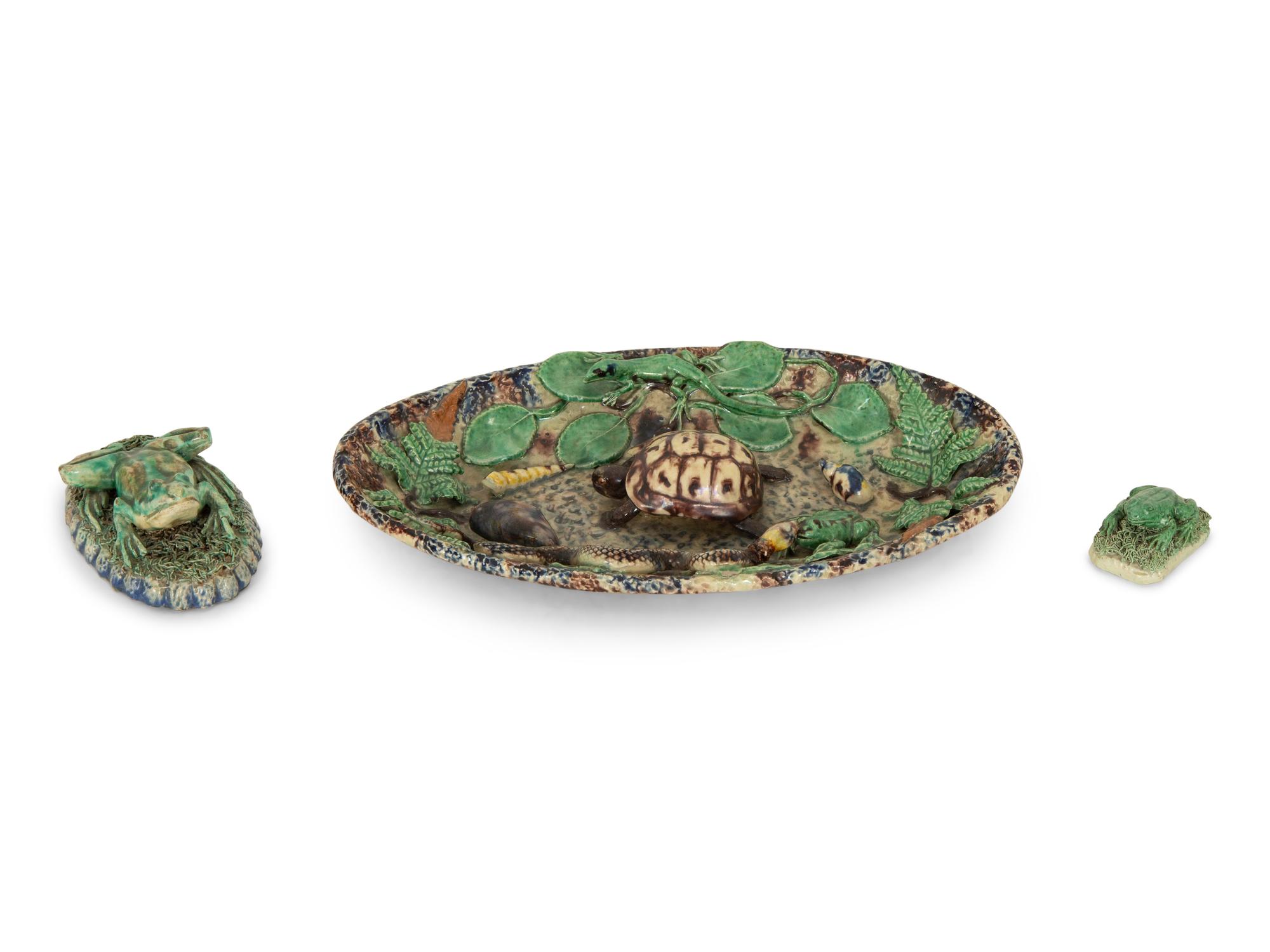 A Small Majolica Oval Dish in the Style of Palissy Together with Two Majolica Articles