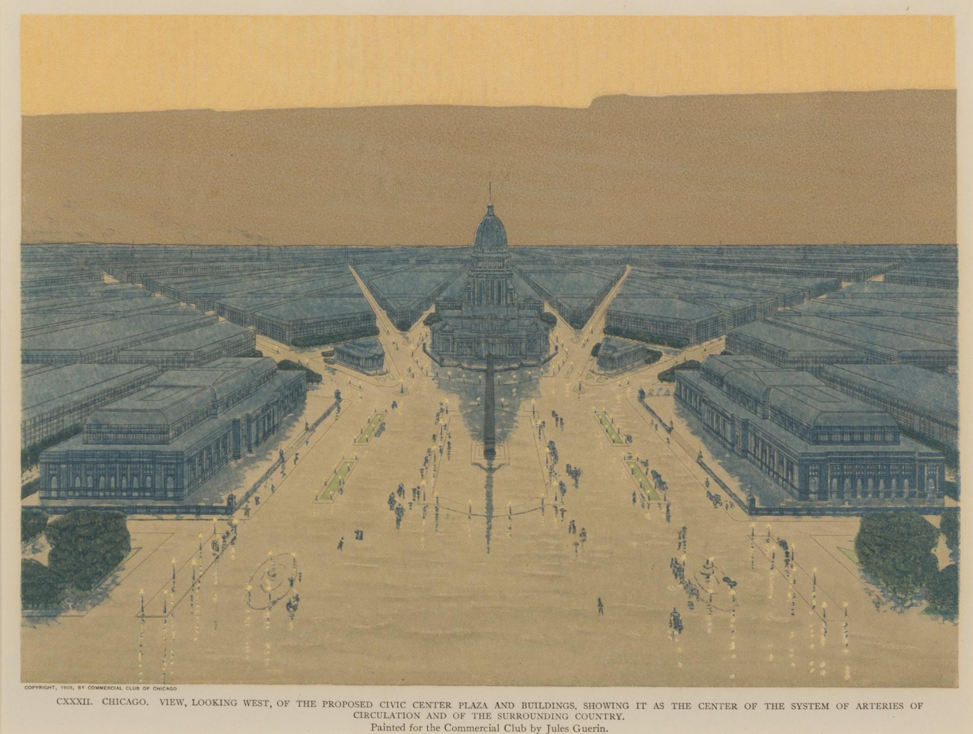 [ARCHITECTURE] -- BURNHAM, Daniel H. and Edward H. BENNETT. Jules GUERIN, illustrator. [ Plan of Chicago. Chicago: The Commercial Club, 1909.] A group of 8 chromolithographed prints.