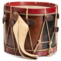 Civil War painted US regulation eagle drum with sticks. Manufactured by C.M. Zimmerman, Philadelphia, PA.