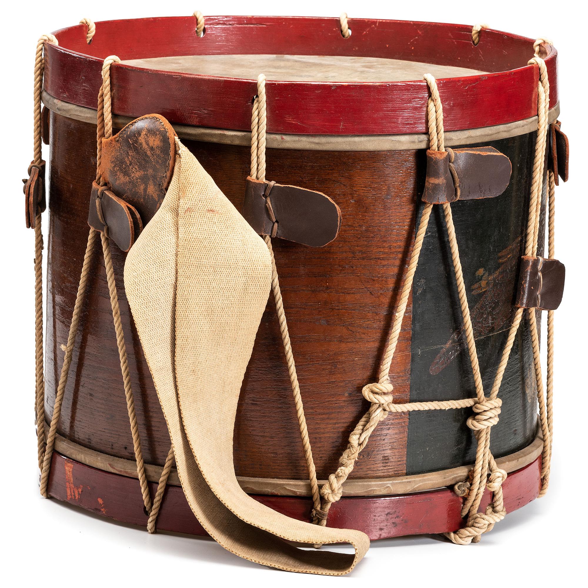 Civil War painted US regulation eagle drum with sticks. Manufactured by C.M. Zimmerman, Philadelphia, PA.