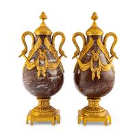 A Pair of Louis XVI Style Gilt Bronze Mounted Marble Urns