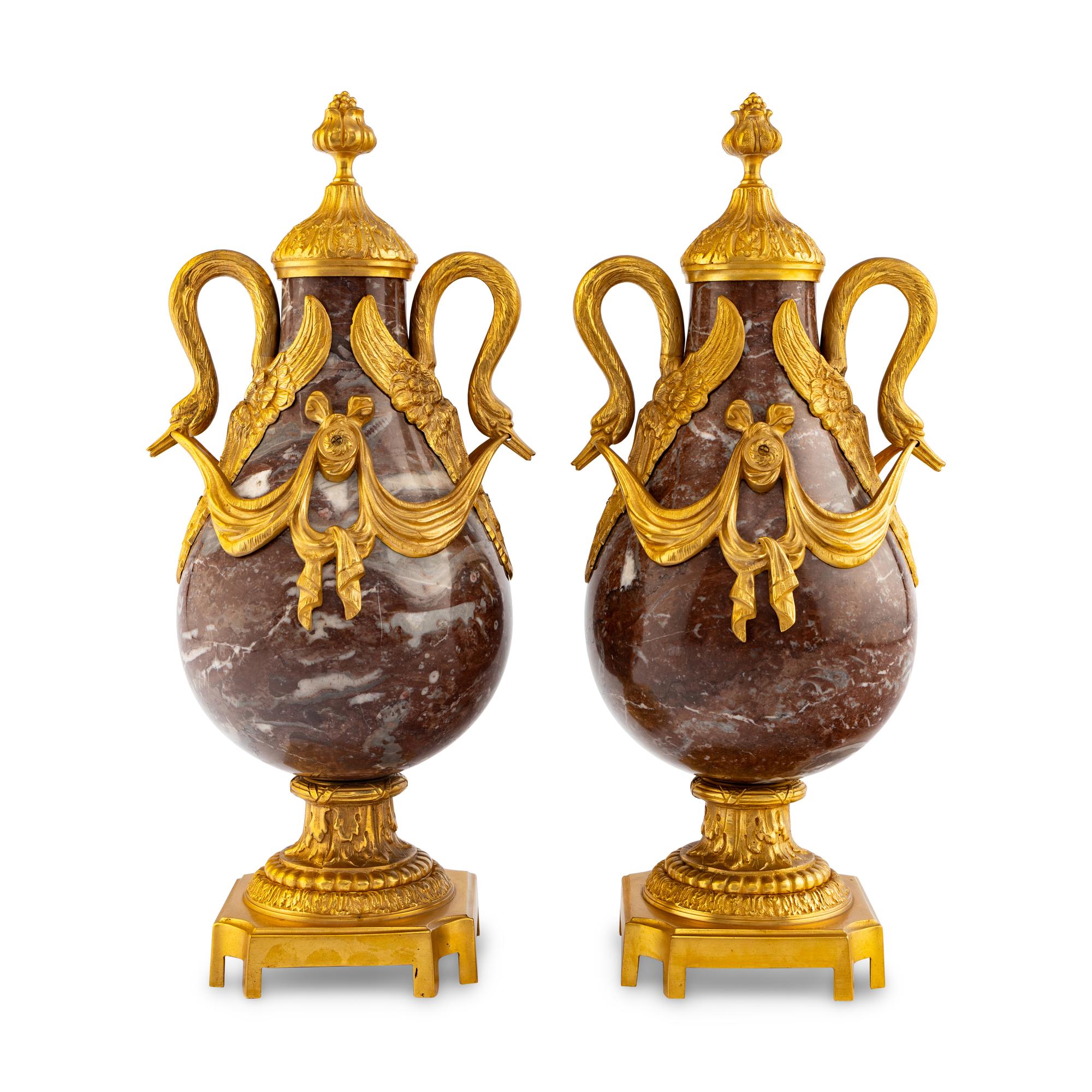 A Pair of Louis XVI Style Gilt Bronze Mounted Marble Urns