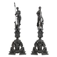 A Large Pair of Renaissance Revival Patinated Bronze Figural Andirons