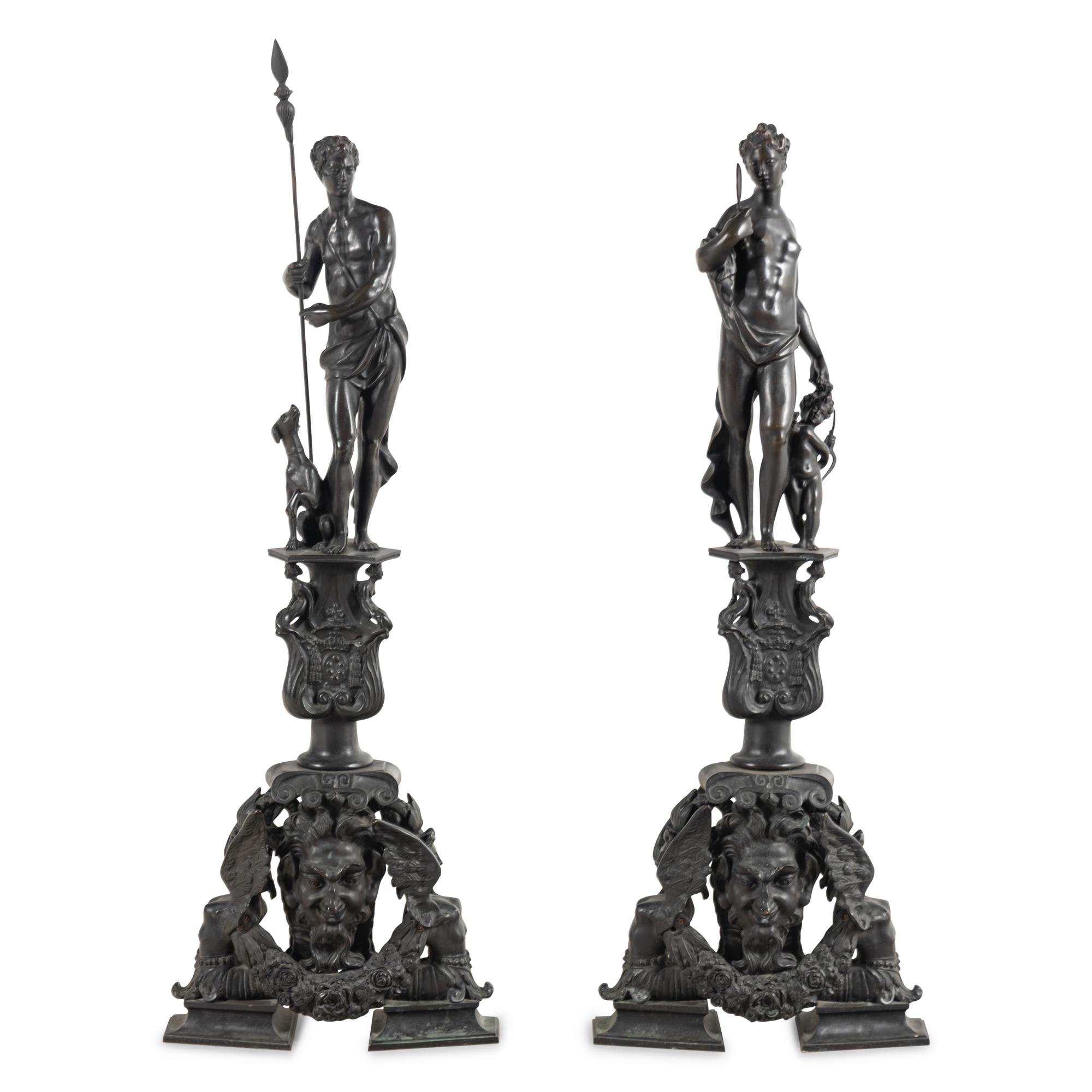 A Large Pair of Renaissance Revival Patinated Bronze Figural Andirons