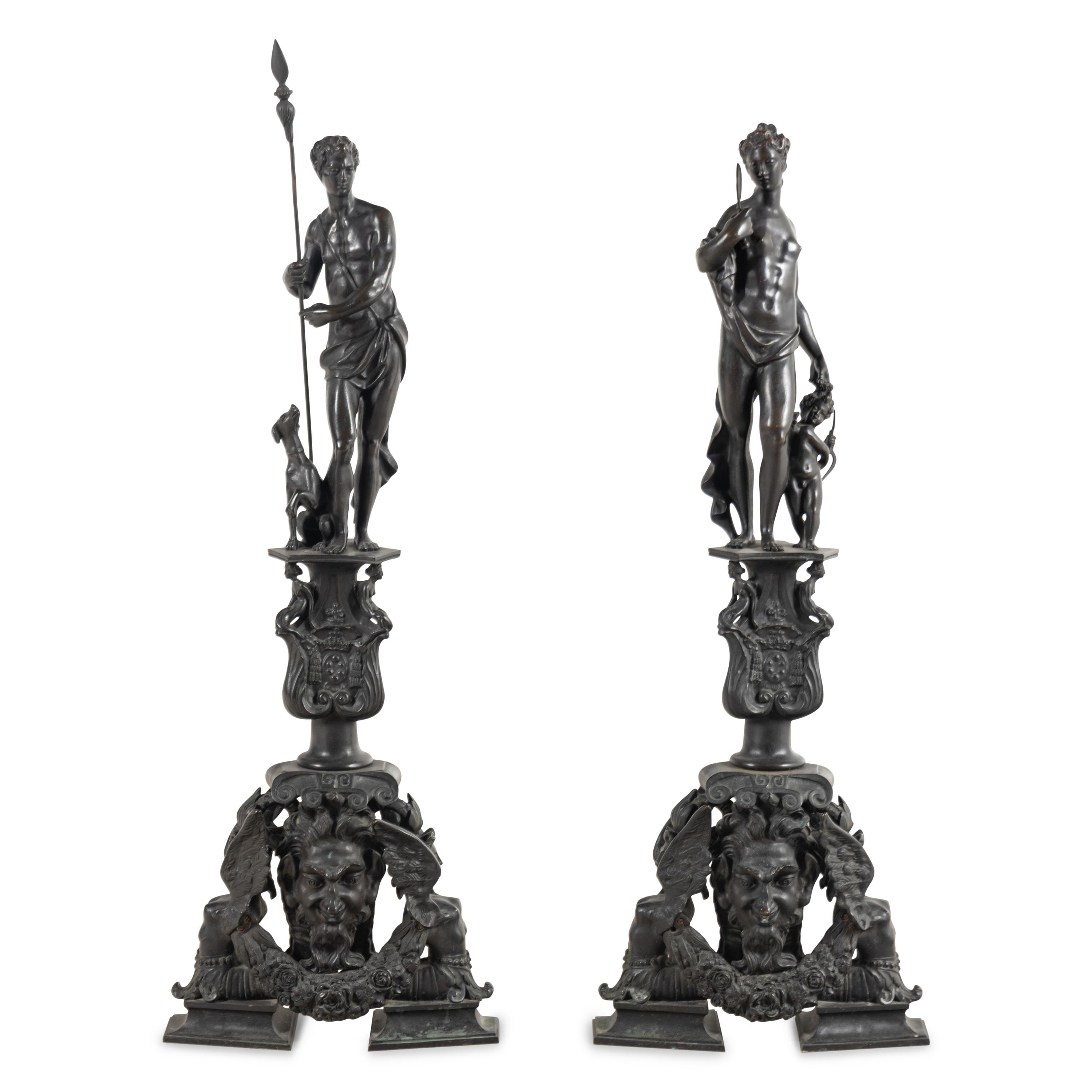 A Large Pair of Renaissance Revival Patinated Bronze Figural Andirons