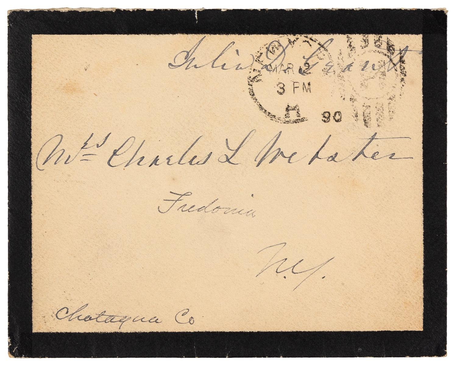 GRANT, Julia Dent (1826-1902), First Lady. Autograph free frank ("Julia D. Grant"), on black-bordered mourning cover addressed in her hand. To Mrs. Charles L. Webster, Fredonia, NY, postmarked New York, 12 March 1890.