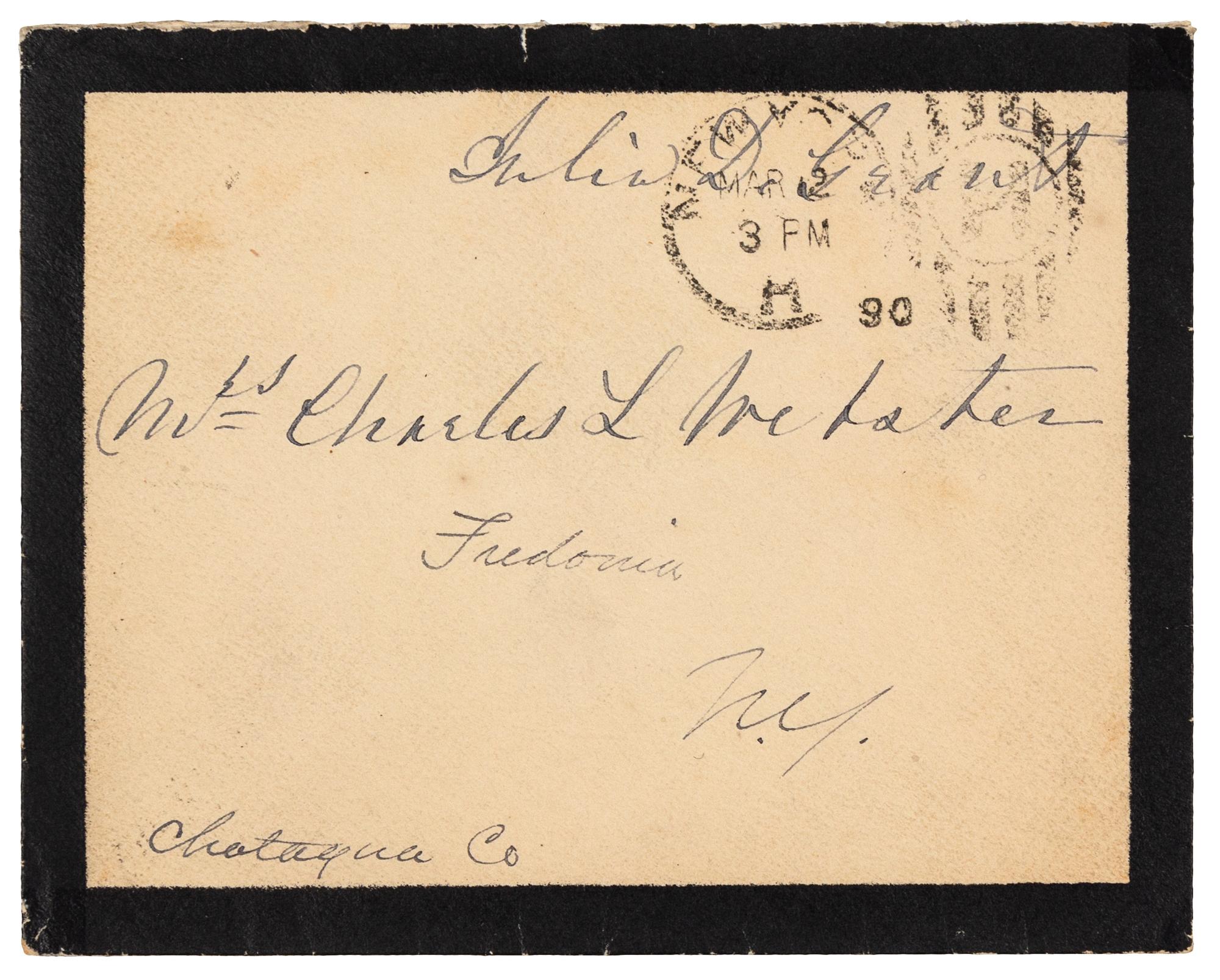 GRANT, Julia Dent (1826-1902), First Lady. Autograph free frank ("Julia D. Grant"), on black-bordered mourning cover addressed in her hand. To Mrs. Charles L. Webster, Fredonia, NY, postmarked New York, 12 March 1890.