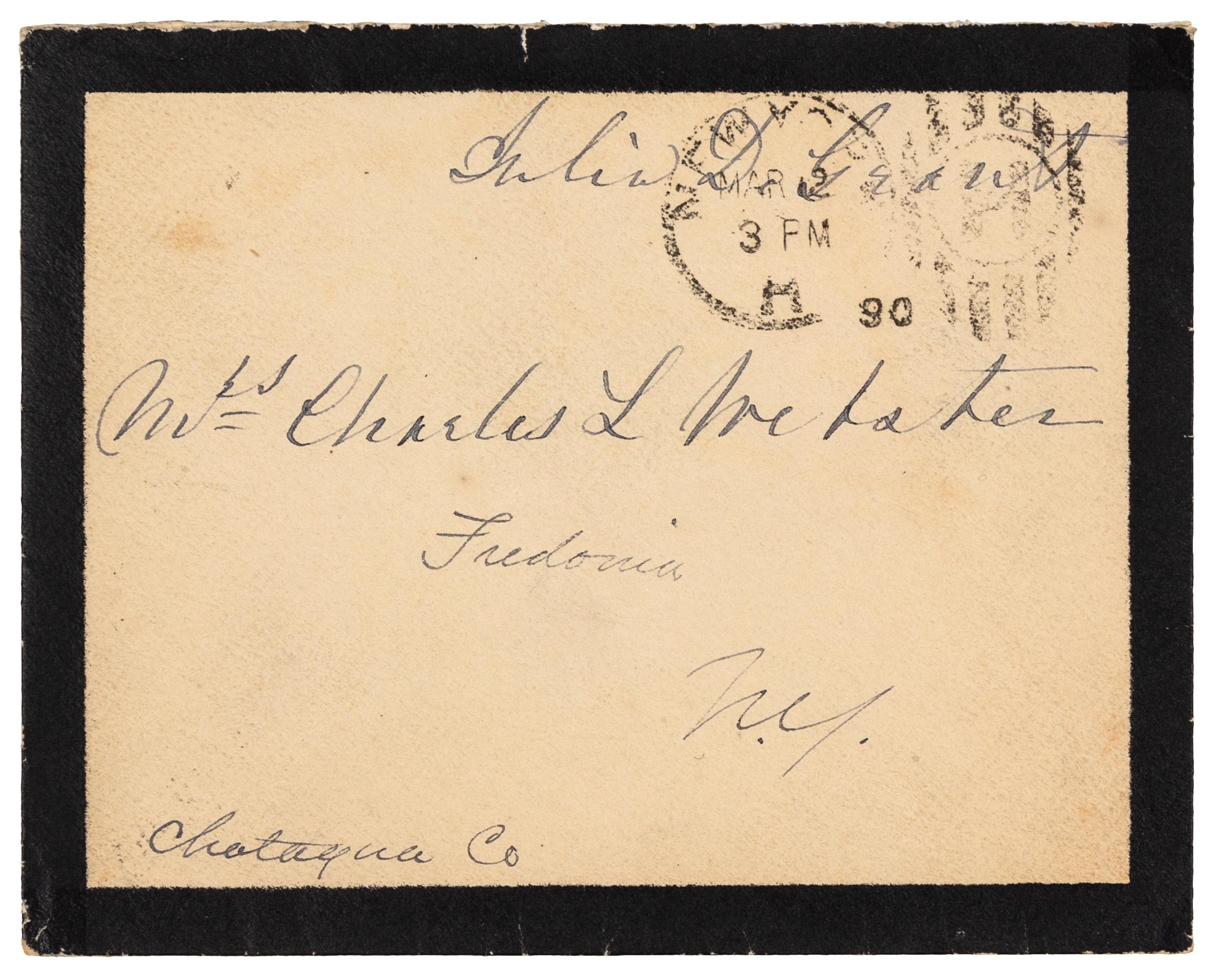 GRANT, Julia Dent (1826-1902), First Lady. Autograph free frank ("Julia D. Grant"), on black-bordered mourning cover addressed in her hand. To Mrs. Charles L. Webster, Fredonia, NY, postmarked New York, 12 March 1890.