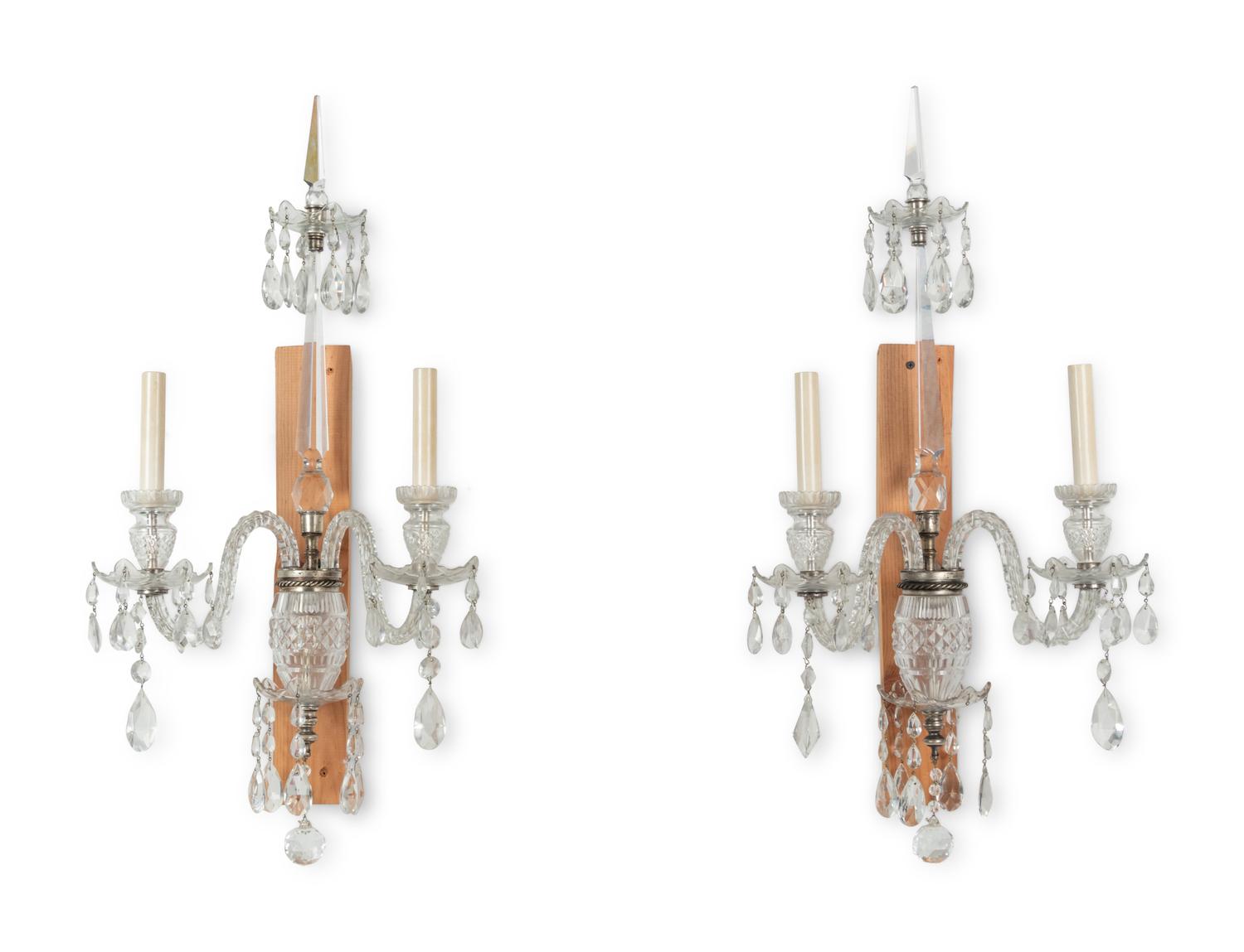 A Pair of Georgian Style Cut Glass Two-Light Sconces