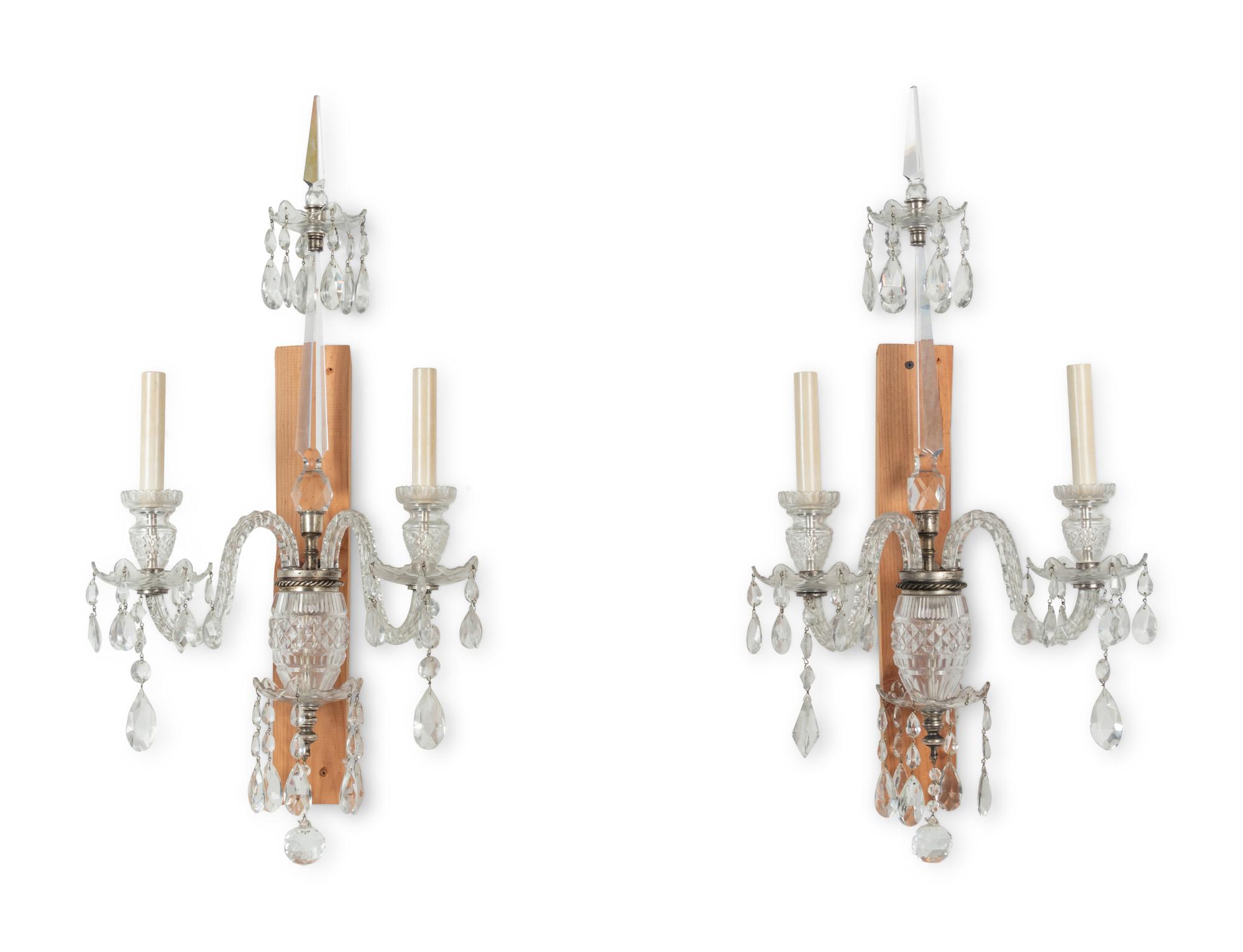 A Pair of Georgian Style Cut Glass Two-Light Sconces