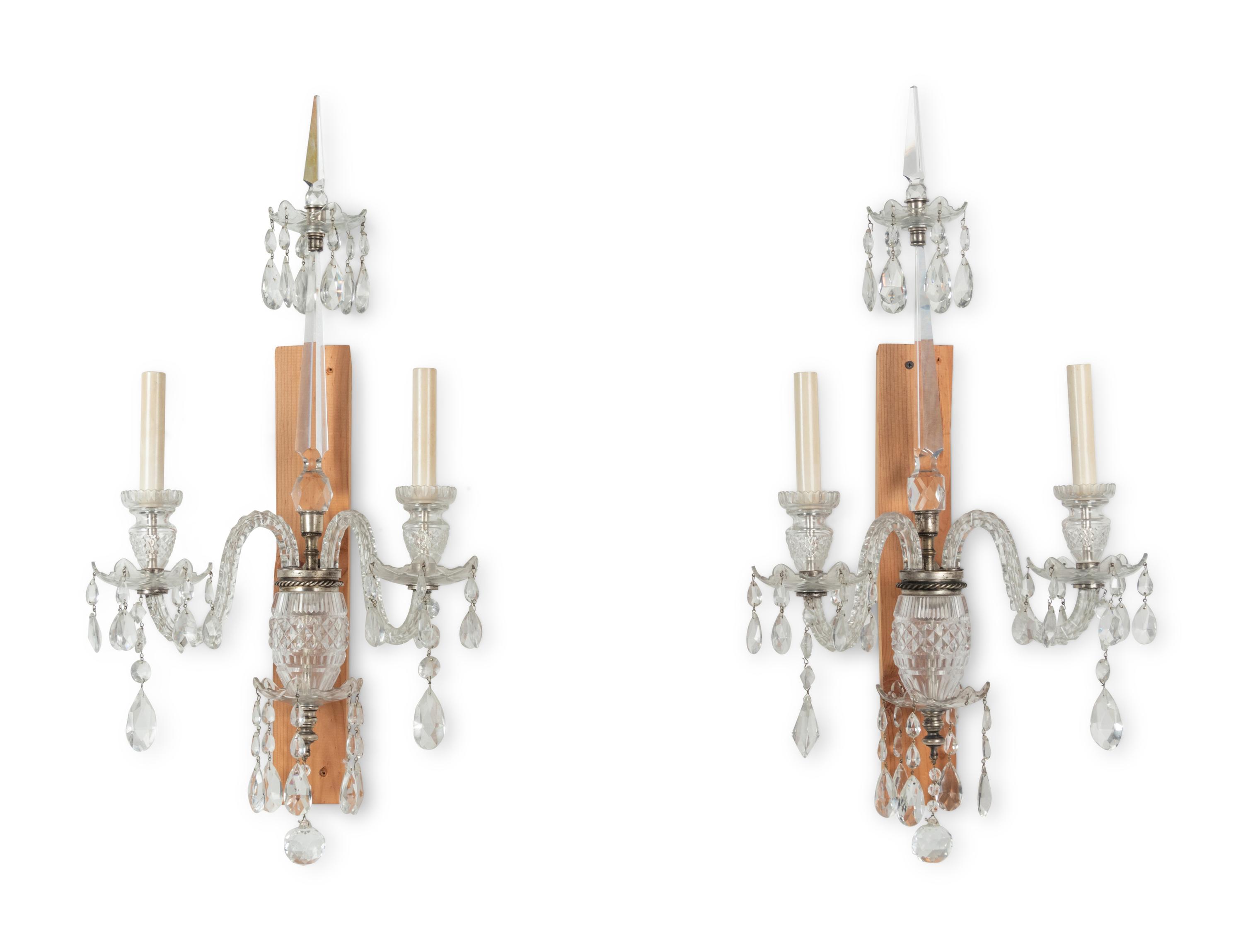 A Pair of Georgian Style Cut Glass Two-Light Sconces