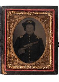 [CIVIL WAR]. Ninth plate tintype of Union cavalry officer displaying a Model 1851 Colt Navy revolver.