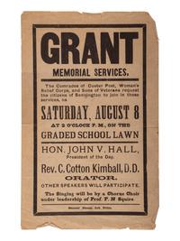[CIVIL WAR -- VETERANS]. Grant Memorial Services . Bennington [VT?], 8 August [1885]. [ With :] Pamphlet regarding Civil War veterans' pensions.