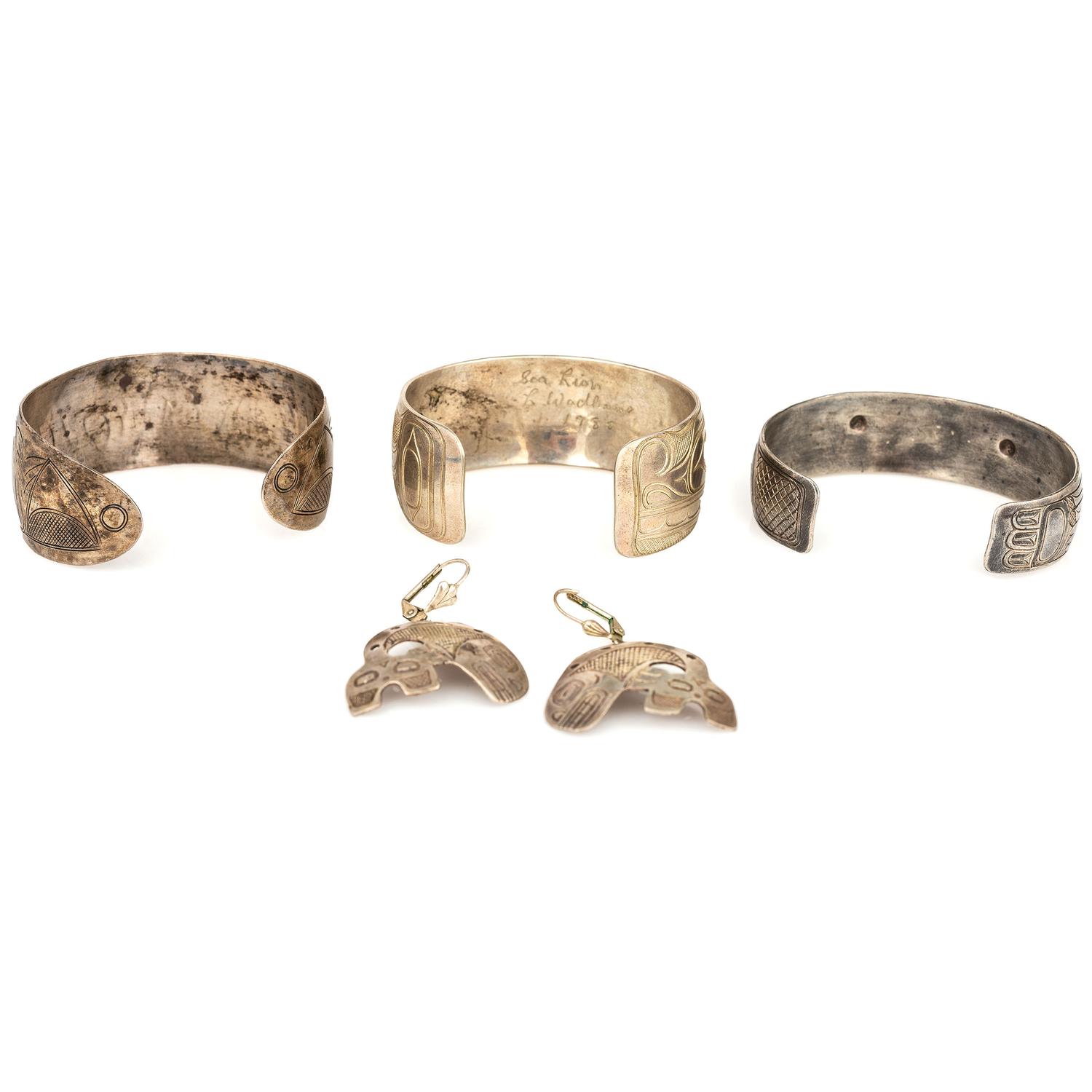 Northwest Coast Etched Figural Silver Cuff Bracelets and Earrings